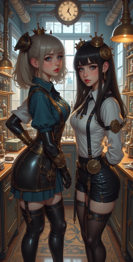Create a comical scene in a retro-futuristic office where Leonardo AI is a literal steam-powered robotic assistant, humorously struggling with paper jams in the brass printing press, all while wearing a monocle and sporting a curly mustache. enormous tits