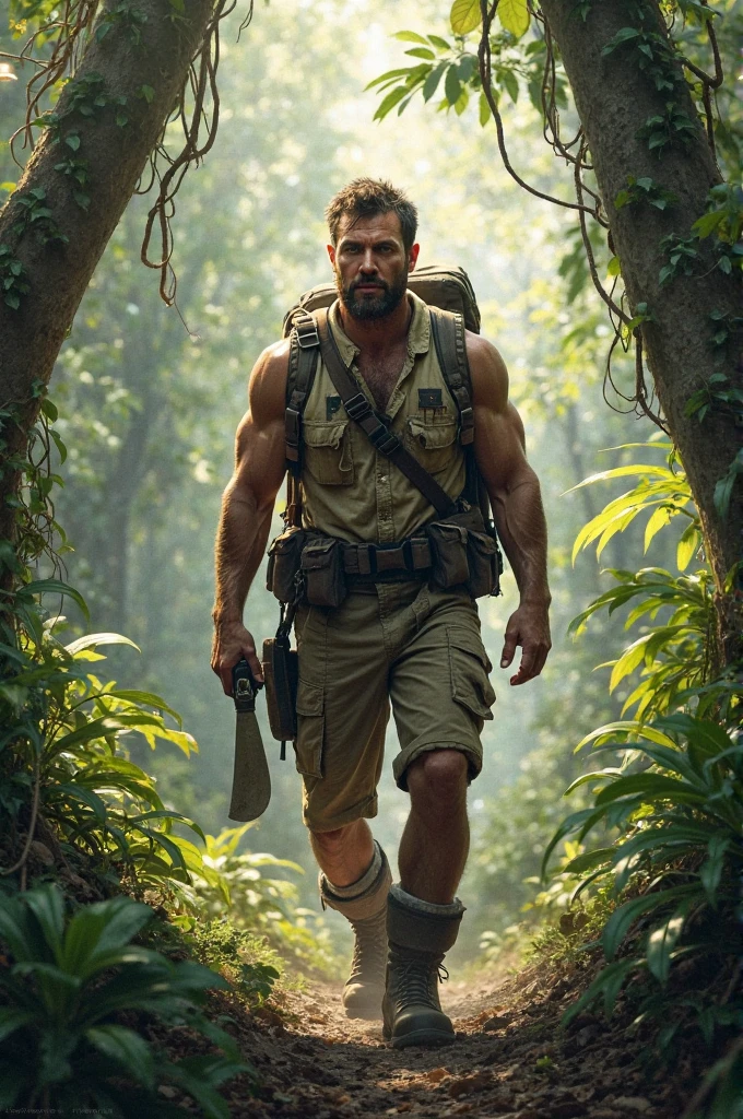 (male Jungle Adventurer), against a dark background with a mysterious atmosphere and cool color tones with soft side lighting in the photography style of high contrast between light and shadow, glow effect, light leak, full body, award-winning, cinematic still, emotional, vignette, dynamic, vivid, (masterpiece, best quality, Professional, perfect composition, very aesthetic, absurdres, ultra-detailed, intricate details:1.3)