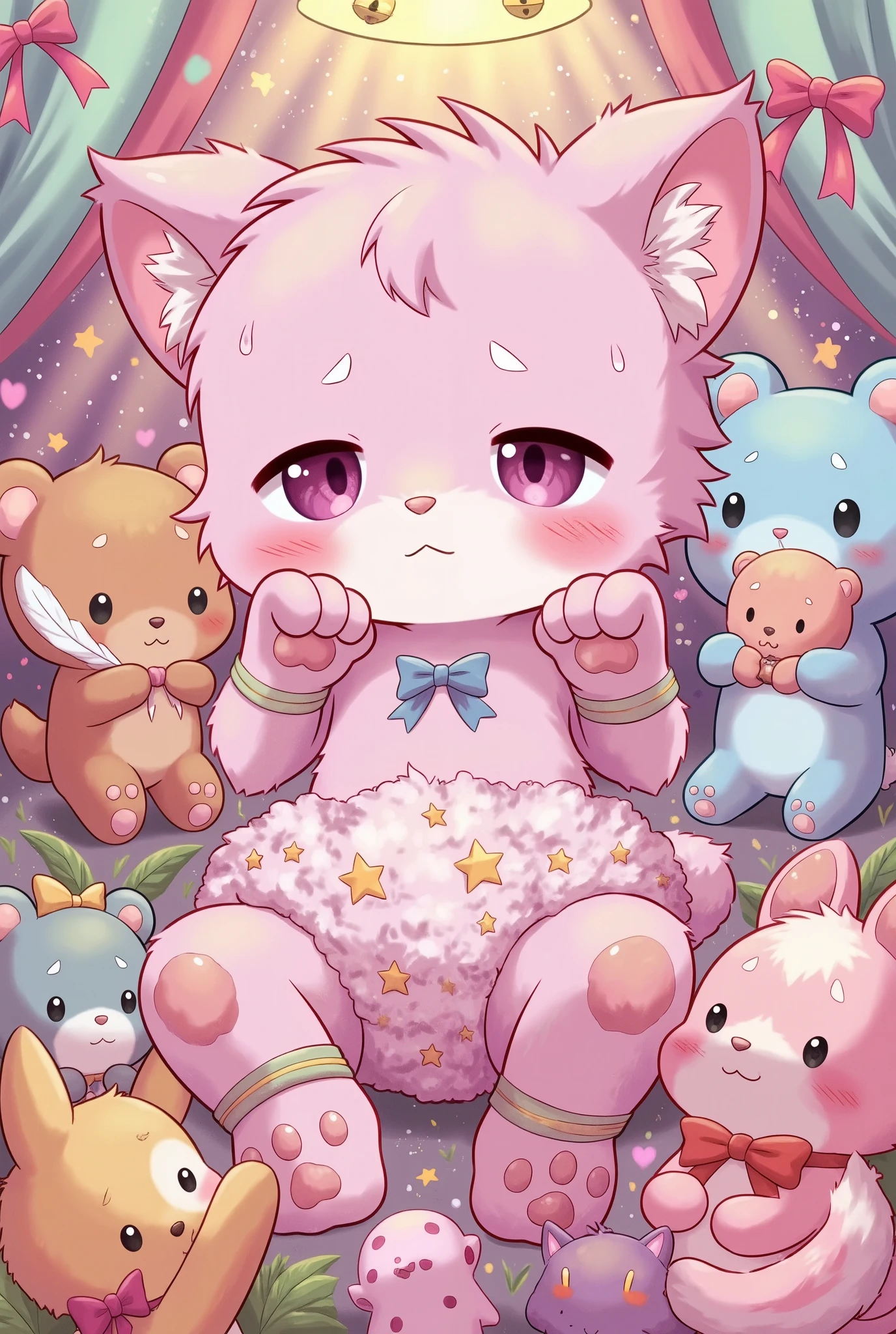"A cute 2D manga-style cover illustration, featuring an anthropomorphic pink kitten character (Inin) with soft fluffy fur and pink paw pads, bound gently with pastel satin ribbons around her arms and legs, surrounded closely by colorful plush toys (bears, rabbits, cats) holding satin ribbons and feathers. She wears a magical fluffy pink cotton candy-like diaper with star patterns, no fabric texture, emphasizing its softness. Her expression is puzzled and dreamy, slightly entranced. The background is a whimsical, dreamy plush dungeon filled with pastel-colored ribbons, bells, and soft textures. The overall style is light, playful, and sweet, with a gentle adult manga vibe, avoiding dark or eerie tones."