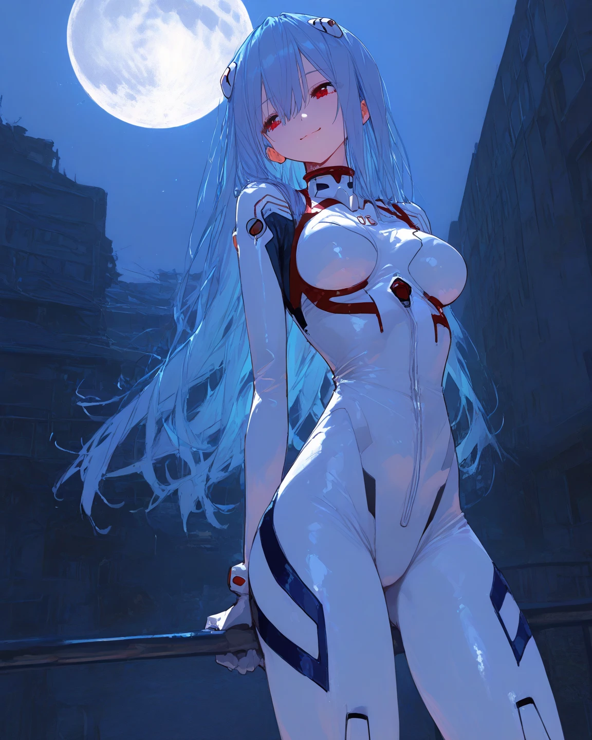 ayanami rei evangelion combat suit anime ultra realistic version under the moonlight doing dancer pose 
