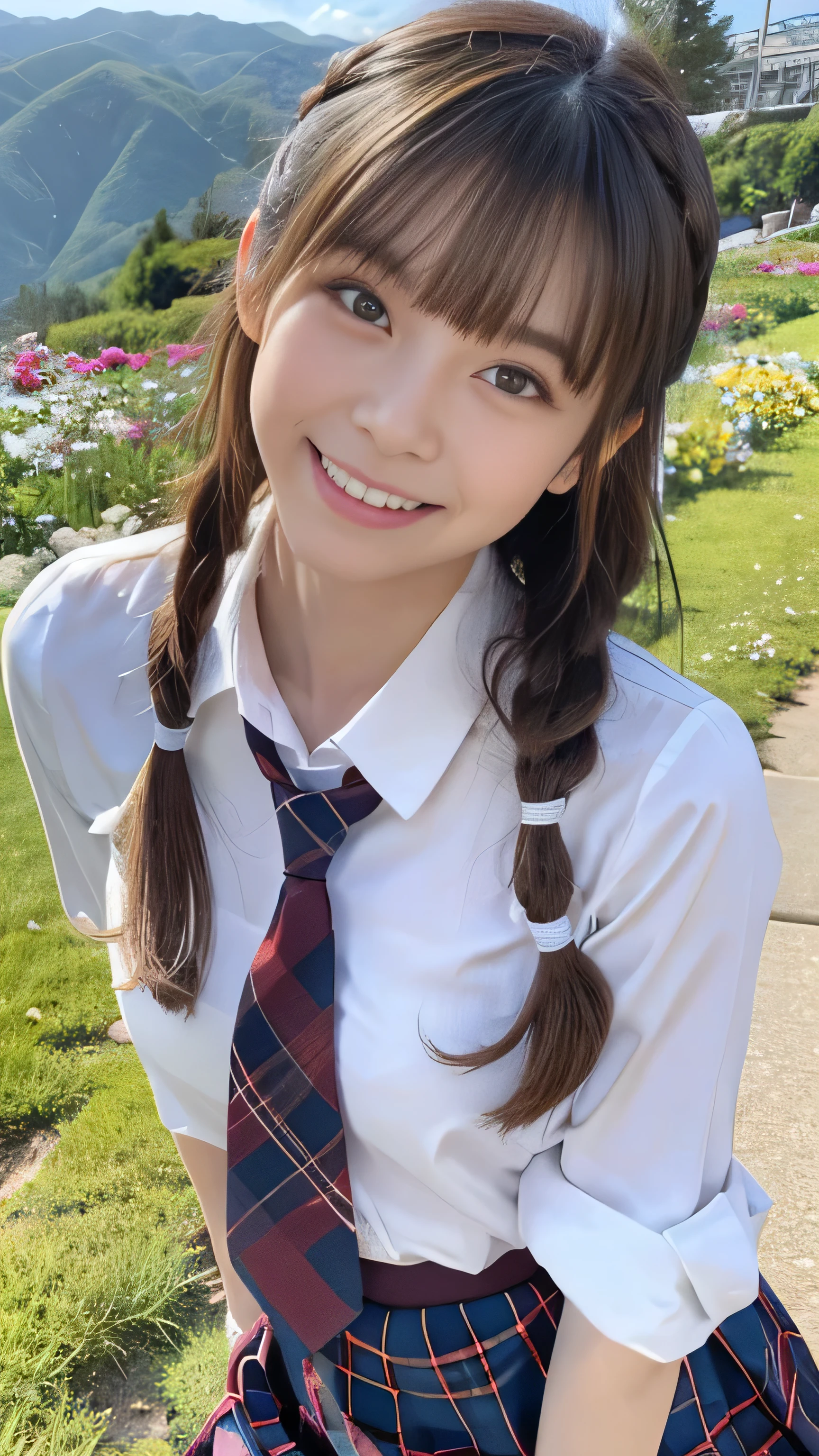 (((upper body shot))),Ultra-high resolution,big eyes,((brown eyes)),Japanese,(forehead),(a girl),(1 girl),(()),(cute),pretty,((facing at viewer)),arms behind back,grin,(((black school sailor uniform))),pleated skirt,(((disney land)))