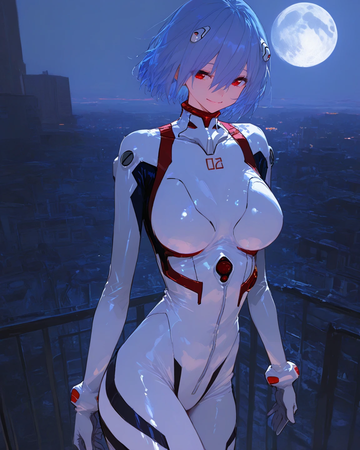 reiayanami, Rei Ayanami, Blue Hair, short hair, (Red eyes:1.5), (Small breasts:1.2),
break bodysuit, headgear, Plug Suit, White bodysuit,
break outdoors, city,
break looking at viewer, (Cowboy Shot:1.5),
break (masterpiece:1.2), highest quality, High resolution, unity 8k wallpaper, (shape:0.8), (Fine and beautiful eyes:1.6), Highly detailed face, Perfect lighting, Highly detailed CG, (Perfect hands, Perfect Anatomy),((Swimwear))、((Embarrassed look))、((full moon))、((Picture below))、(((boots)))、((short hair))、((f cup breasts))、The clothes are transparent、((Spread your legs))、
