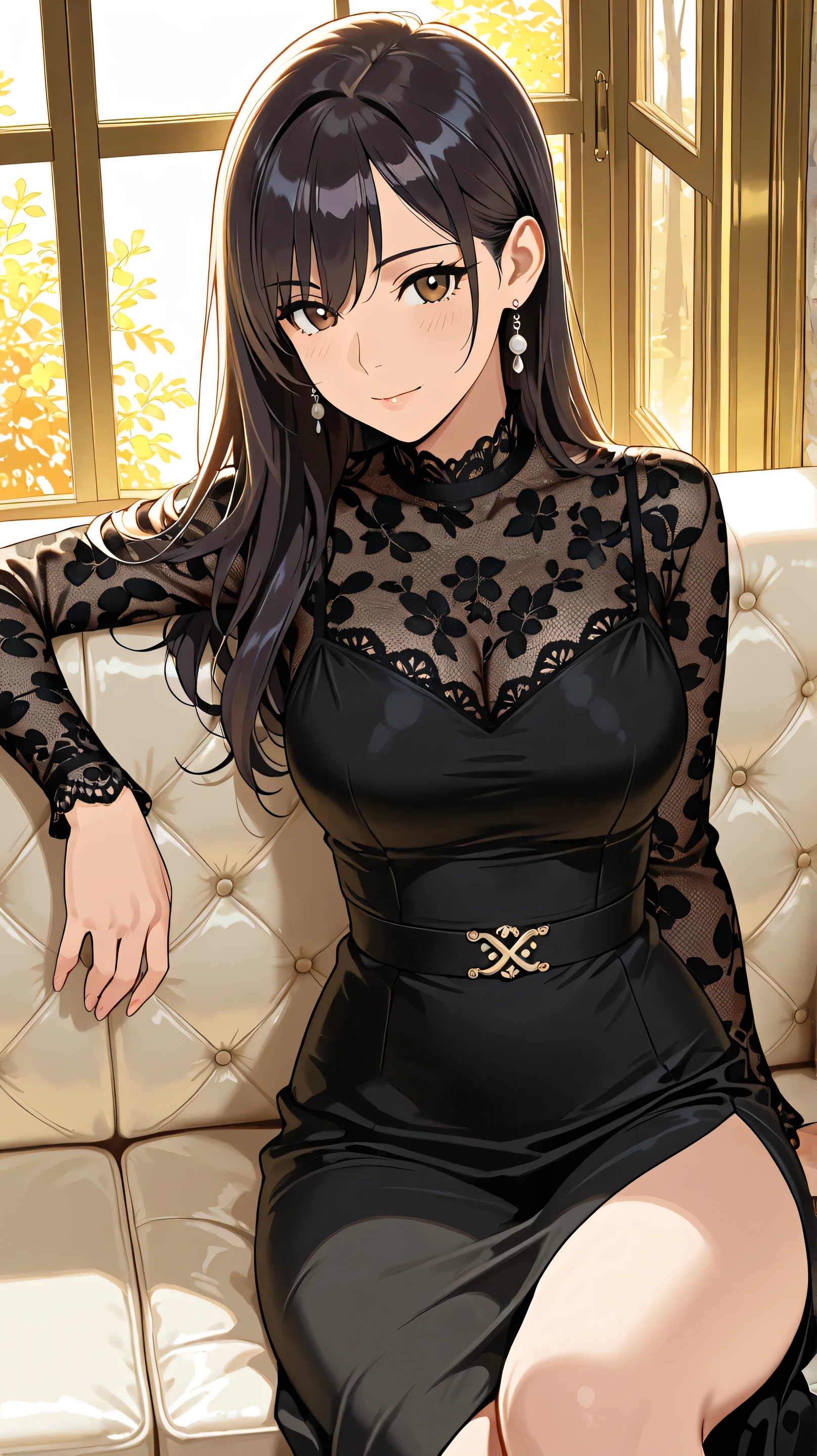 Masterpiece, Best Quality, Top Quality, Very Detailed, The image features an anime-style female character with long, dark hair and striking brown eyes. She is dressed in an elegant black outfit with lace details, sitting on a luxurious couch bathed in warm, golden light. The background showcases a softly lit, modern interior with a large window allowing natural light to stream in, creating a sophisticated and serene atmosphere.