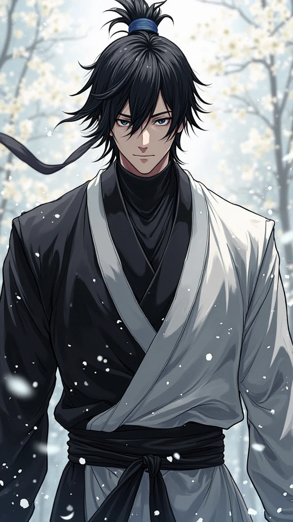 Anime image An image of a man with a large tall figure and a figure like a fictional hero. He has black hair and black eyes. His face is sharp and cold looking, conveys mystery and does not smile, calm the appearance of the hero.

Wearing a black and white warrior costume, the Yin Yang balance suit, which symbolizes balance and harmony in Chinese philosophy.

Around him there is a faint black white aura floating around him, which enhances his powerful and formidable appearance. This aura can convey the inner power or special talent he possesses. This image gives a sense of strength, mystery and grace in the character.
