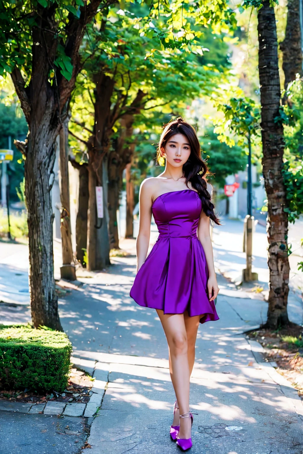 1 woman, adult woman, woman in her 30s, tarankaaa, NOT DASHA TARAN, full body standing, full body head to feet, perfect body, best quality, 32k, photograph, full body (head to toe), tone mapping, ((houjou satoko,short hair,black hairband,blonde hair,violet eyes,hair between eyes, one piece dress,short sleeves,mid sized breasts,athletic, skinny, accentuated hips and waist)), ((wearing a scarlet red dress)), asian-european, ((golden blonde hair, short hair, purple eyes)) perfectly drawn hands, ((masterpiece)), ((highres)), ((detailed background)), japanese village background, next to a river, (big proportions), cute pose, beautiful smile, ((perfect eyes, detailed eyes, realistic eyes)), ((sharp face, detailed face, realistic face, natural skin, realistic skin, detailed skin, pores)), (real wider legs, truly wider arms)