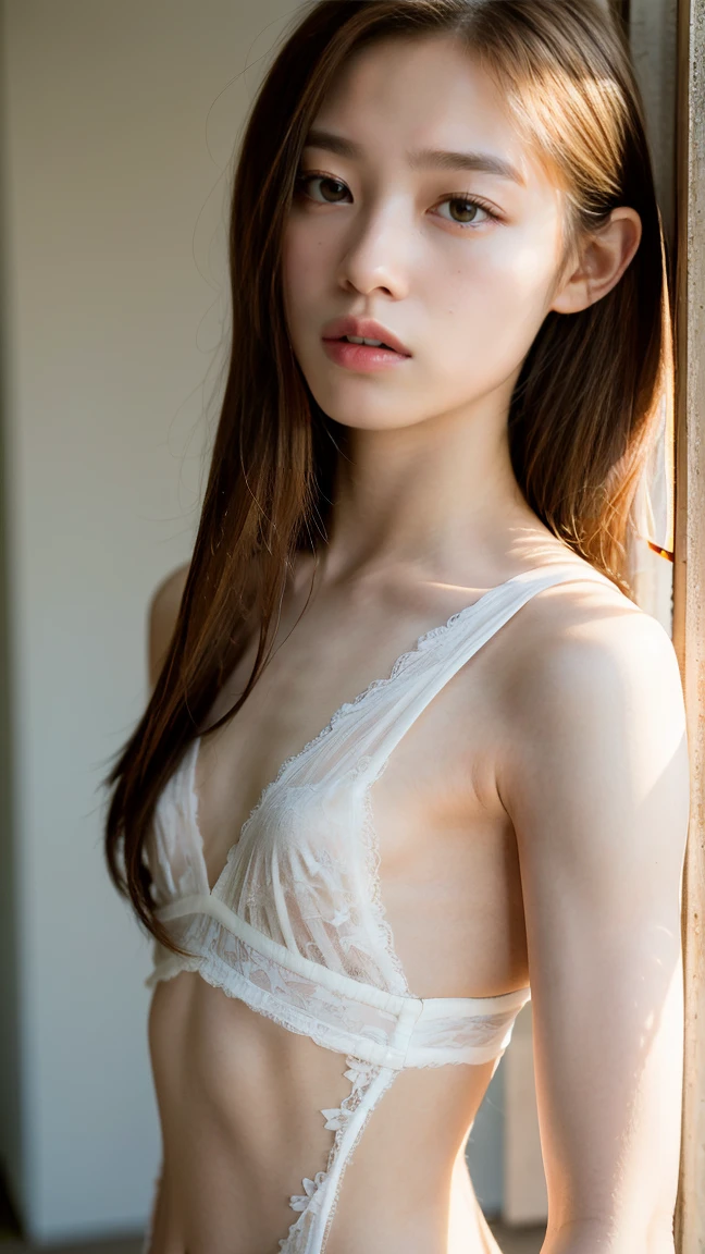Detailed and realistic portrait of a beautiful young Asian woman。She has long light brown hair and big light brown eyes. ((medium breast, tomboy girls, small head)), Early Morning Light , (chiseled abs : 1.1), (perfect body : 1.1), auburn hair, collar, chain, , Upper Body, Top quality, 1 beautiful woman, long Hair, brown hair , shy-smile, “A woman standing by the living room window, wrapped in a bath towel after a bath . Her hair is wet, and she gazes outside in the soft morning light. Steam rises from her skin, indicating the warmth of the bath.” (extremely detailed CG 8k wallpaper), (an extremely delicate and beautiful), (masterpiece), (best quality:1.0), (ultra highres:1.0),  beautiful lighting ,perfect lightning, realistic shadows, [highres], detailed skin, ultra-detailed