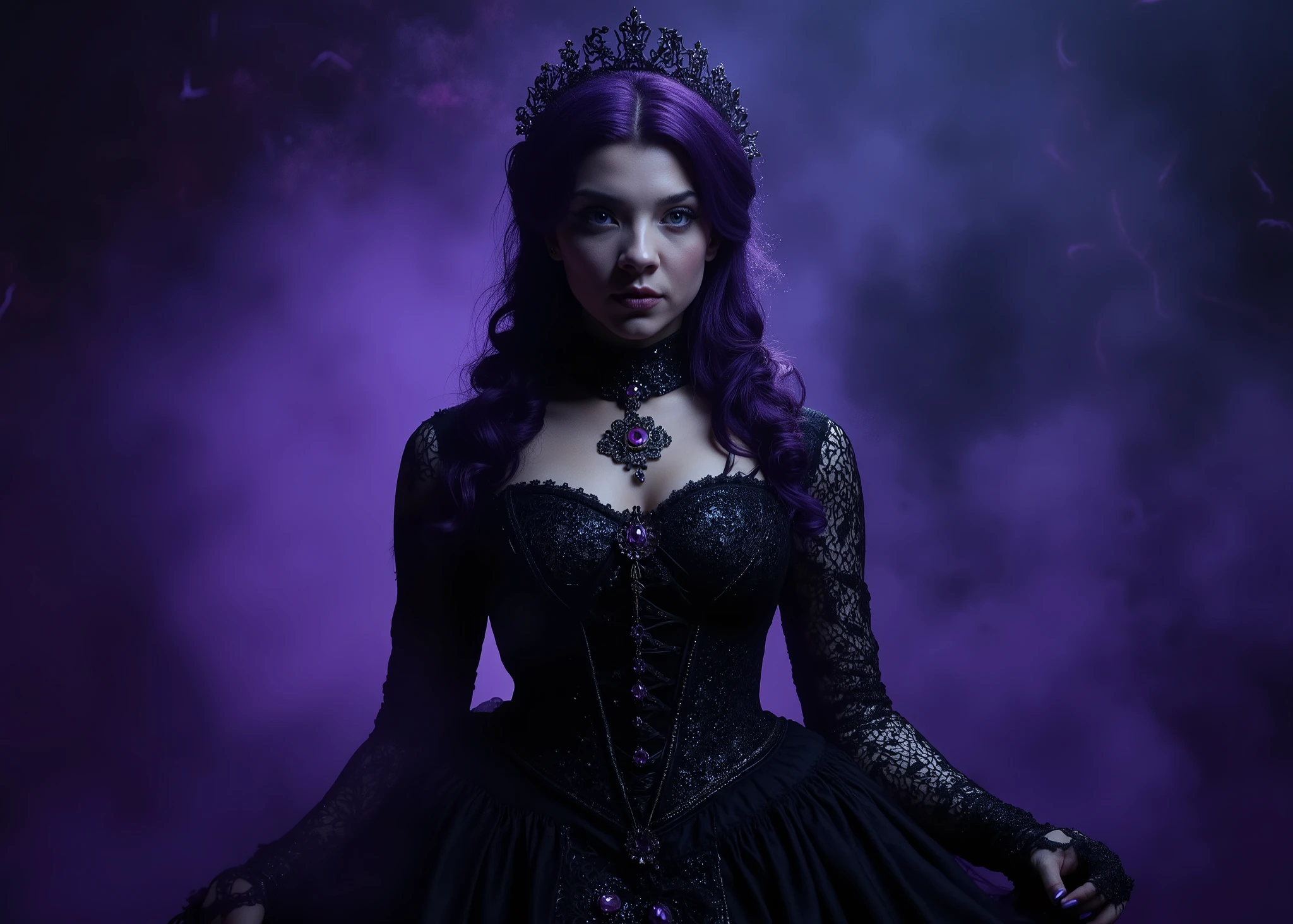 *Left off on:* An extremely detailed hyper realistic photo of an extremely curvaceous woman portrayed by a young Priyanka Chopra with purple hair, wearing a black Victorian era high-collared gown and corset with a bodice and intricate lace details near her neck adorned with violet jewel-like ornaments set in a mysterious and eerie scene inspired by Gothic Romance and Horror. The character has distinctive violet eyes. The lighting is dim and focused on the character's face that contrasts sharply with the dark surroundings. The overall atmosphere is gothic and ominous. The artwork combines elements of gothic horror, and dark fantasy imagery. The background is filled with swirling shades of deep violet, creating a chaotic and otherworldly ambiance. The overall color palette consists of midnight blue, violet, and blacks, with high contrast and saturation contributing to the dark, intense mood of the illustration.