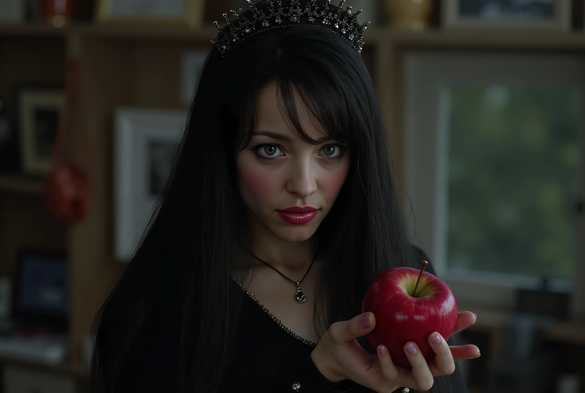 ((RAW photo), absurd, (absurd resolution)), masterpiece, best quality, (Extremely detailed 8k unity CG wallpaper), (Best Illustration), (Best shadow), Realistic lighting, detailed and beautiful shine, ((2)), girl, long black hair, black queen, accessories, apple in hand, poisoned apples, Witch Queen, red lipstick, (((Photographic perspective of her))) Naked