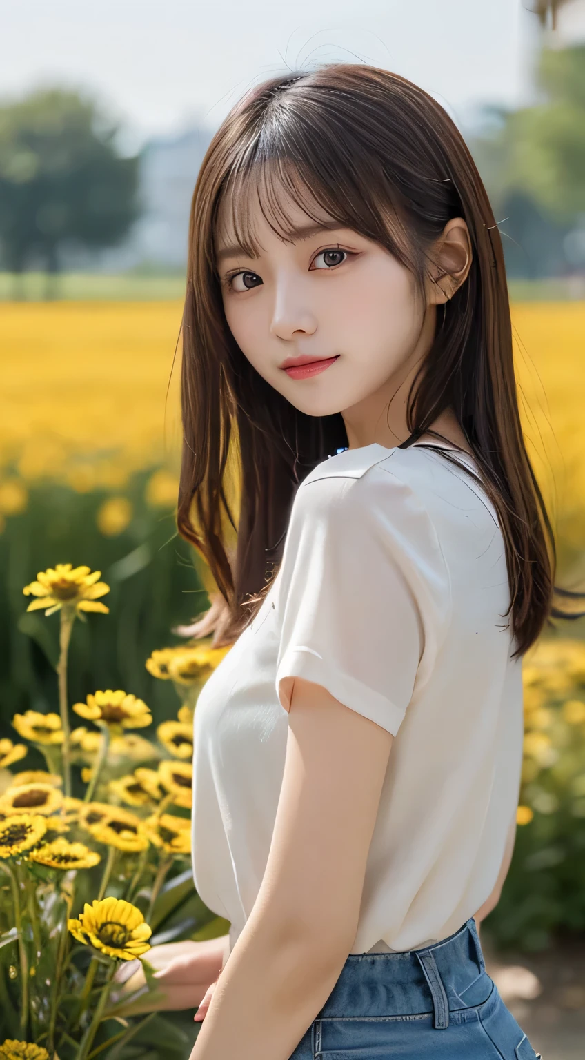 (masterpiece:1.3), (best quality:1.1), (8k, ultra detailed, ultra high res:1.2), ((anime style)), perfect 5 fingers, perfect anatomy, 1girl, long hair, black hair, Double eyelid, outdoor, outside, sunflower field, upper body, peace fingers, shirt, white shirt, small breasts,