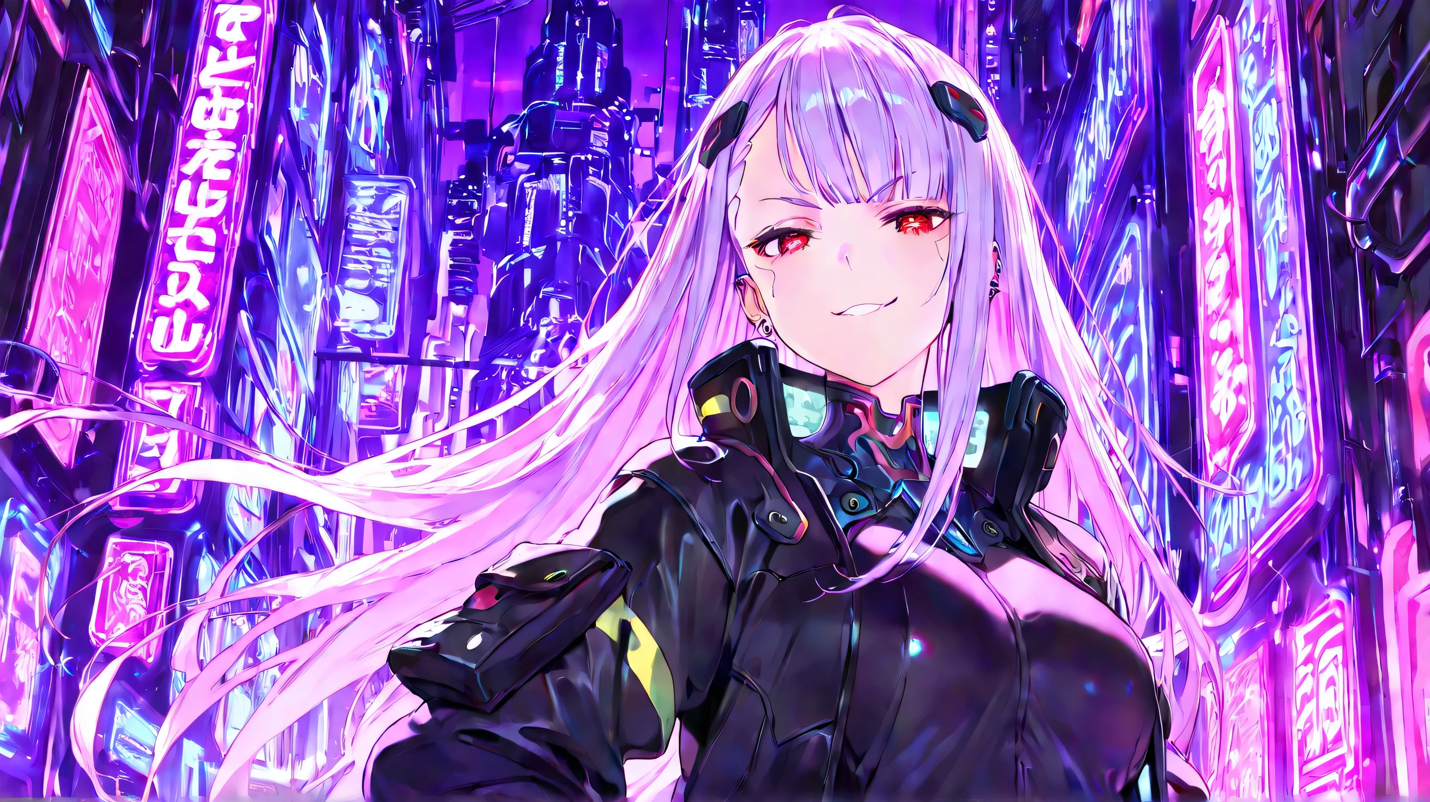 Masterpiece, Best Quality, Top Quality, Very Detailed, A cyberpunk anime girl with long, flowing purple hair glowing under neon lights. She has piercing red eyes and a confident smirk, wearing a stylish black outfit with futuristic accessories. The background is a high-tech digital world with floating holographic data and glowing purple circuitry.