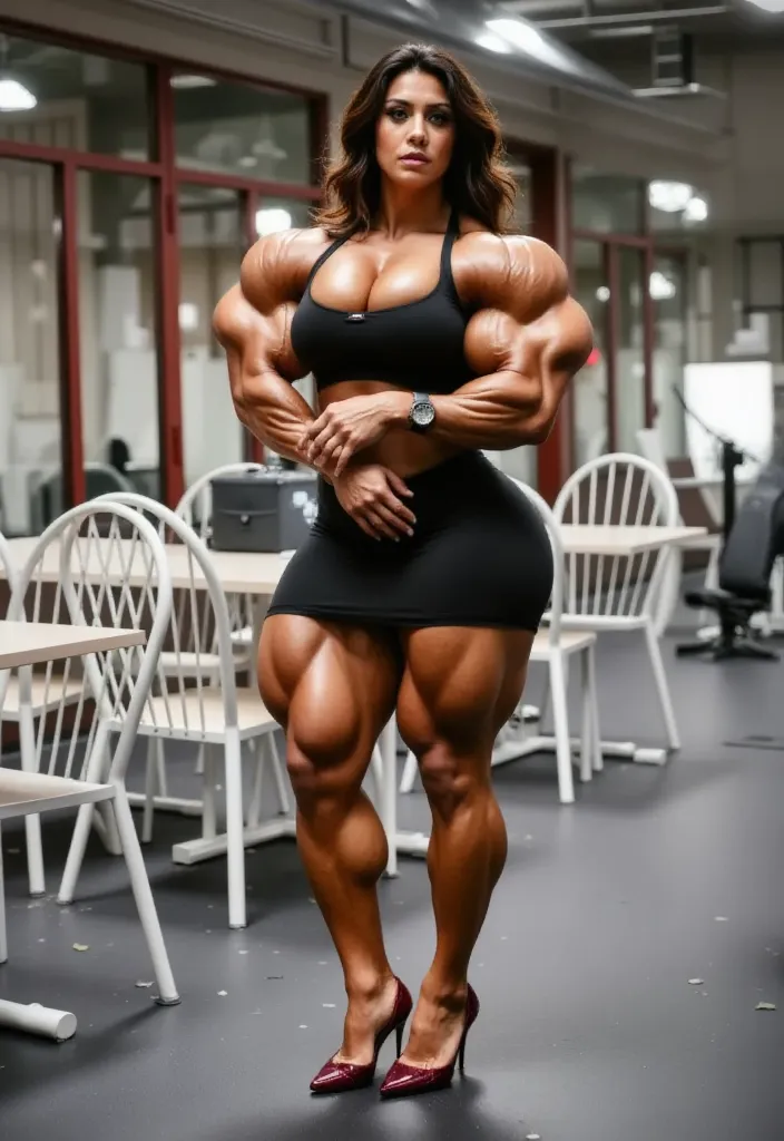 (Muscular:1.9), (thick thighs:1), (large muscular chest and shoulders:1.6), FEMALE, brown hair, long brown hair, (big smile:1.6), (wearing a loose short flowy dress and high top sneakers:1.5), looking at viewer, (three quarter view:1.2), upper body view, (diner:1.5), dark lighting, detailed skin, detailed eyes, (dark skin:1.3), (very thin waist:1.9), (huge round muscles:1.5),