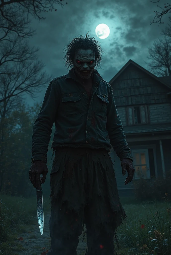 sinister and cruel killer clown with a chainsaw in a camp going to end a group of teenagers running in panic and afraid of the clown trying to find a shelter in the middle of the dark and gloomy forest and using flashlights