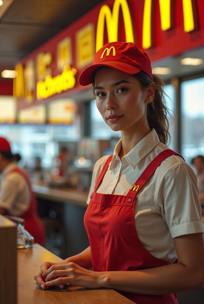 attractive McDonald's Cashier <lora:mcdonalds-10:0.7> cleavage, passionate eyes, mcdonalds, 1girl, <lora:epi_noiseoffset2:0.5> rim lighting