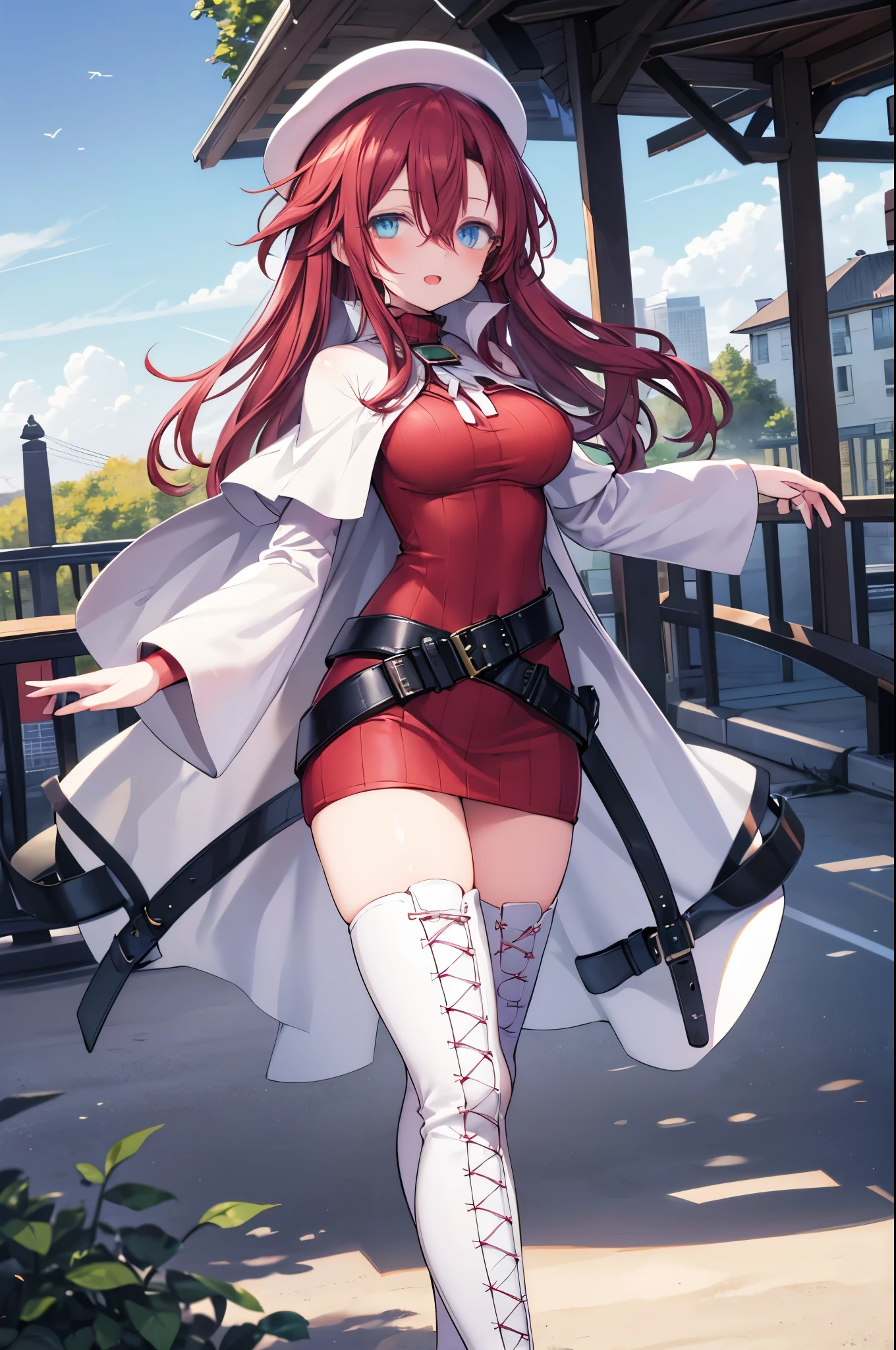 summonnightaty, aty, long hair, blue eyes, red hair, beret, hat, glasses,
BREAK long hair, thighhighs, hat, dress, boots, glasses, belt, cape, sweater, zettai ryouiki, beret, thigh boots, white footwear, ribbed sweater, loose belt,solo,
BREAK outdoors, fantasy_town,
BREAK (masterpiece:1.2), best quality, high resolution, unity 8k wallpaper, (illustration:0.8), (beautiful detailed eyes:1.6), extremely detailed face, perfect lighting, extremely detailed CG, (perfect hands, perfect anatomy),(covered_nipples:1.3),covered_navel,light_smile,dynamic_posing ,walking,(half_eyes:1.2),light_open_mouth,sword,armpit,sleepy,