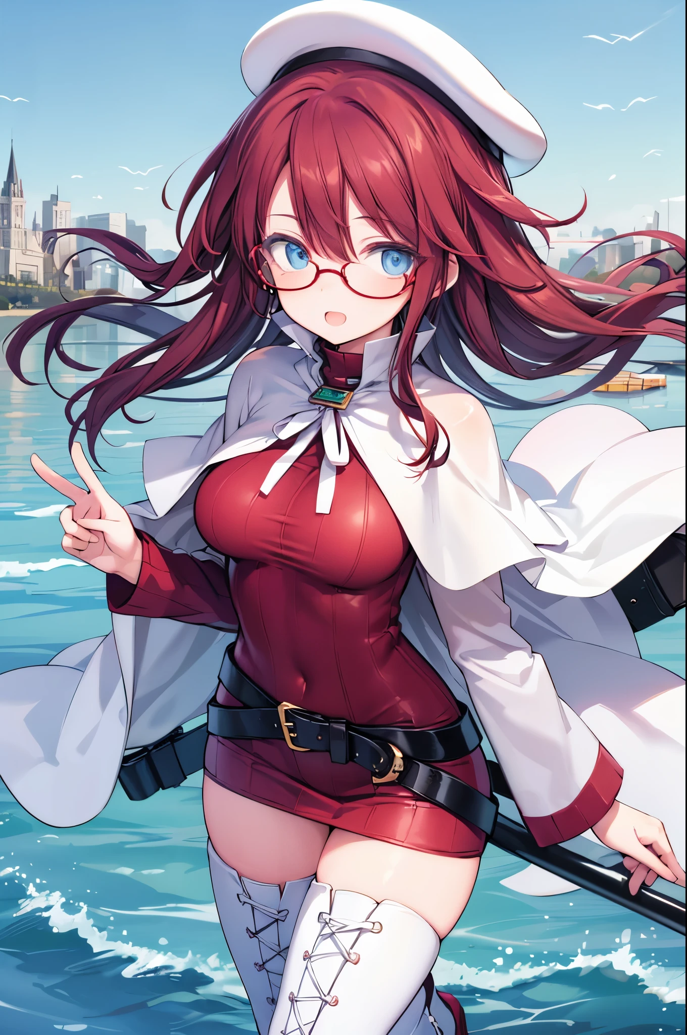 1girl, cabello mediano, gafas, Collar de marinero, Mountains, Kali, bikini, lentes, manos en cadera