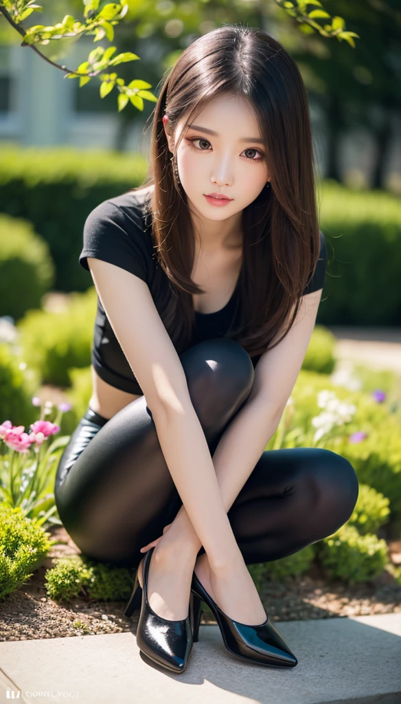 top-quality，Knees，lawn，((Black T-Shirt Dress，Onepiece，White text))，，Raised ponytail，(embarrassed from，red blush)，(A 12-year-old girl)