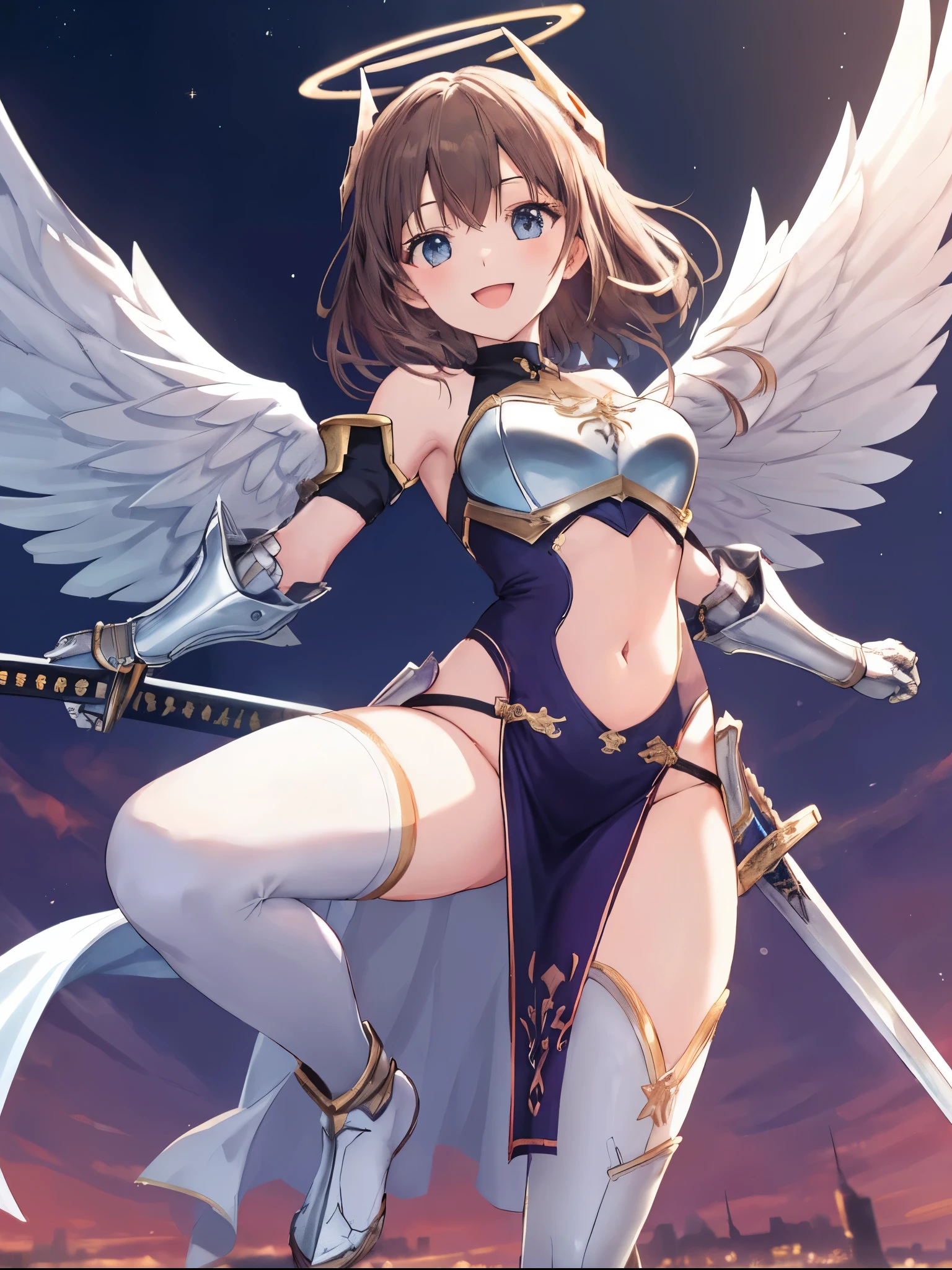 fantasy, 1angel_girl,(young_teen:1.5), ,brown_hair, medium_bob_hair, long_bangs, halo,bare_shoulder,thighhighs,silver_armor, waist_armor, large_breasts,1pair_wings, dynamic_pose_fighting,floating, bare_crotch, headgear,gauntlet, greaves,city_landscape_background,slightly_spread_legs, solo, groin_naked,smile