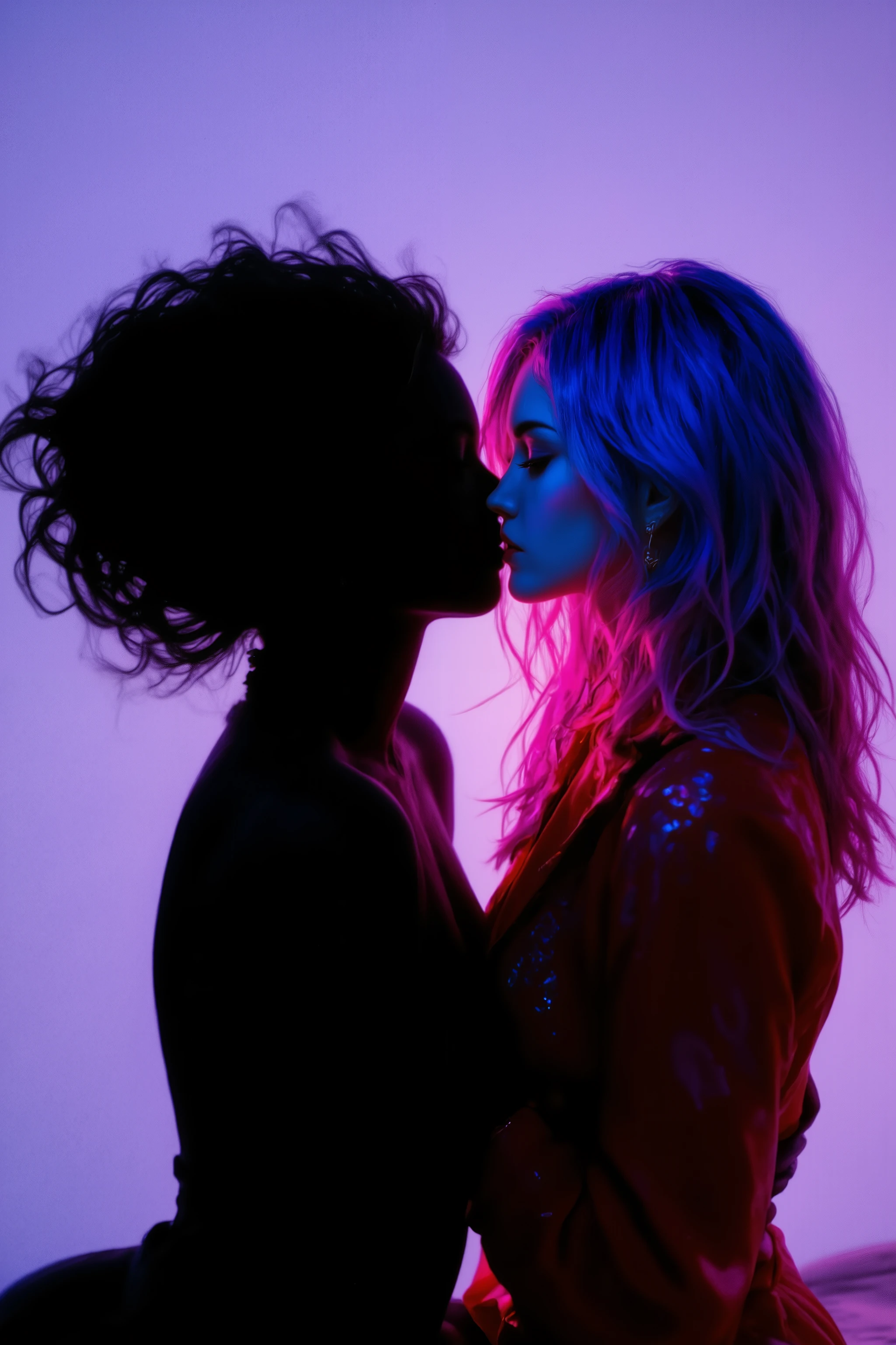 A hyper-realistic depiction of a very pretty woman kissing a human-shaped shadow cast on a simple, clean white wall. The woman has flowing, brightly colored hair—vivid shades like pink, blue, or purple—and wears a striking, bright-colored outfit that contrasts against the stark background. The shadow, though flat on the wall, is deep black with bold, defined edges, appearing almost alive as it stretches toward her, responding to the kiss. The minimalist white wall enhances the contrast between the vibrant woman and the solid black shadow. Soft, ambient lighting bathes the scene, creating a gentle glow around the woman while the shadow remains sharp and intense. The perspective is ground-level, worm's-eye, emphasizing the surreal intimacy of the moment. Created Using: hyper-realistic detailing, vibrant color contrasts, minimalist background, deep black shadow rendering, surrealist art principles, dynamic light contrasts, soft focus edges, and impressionistic light play, hd quality, natural look.