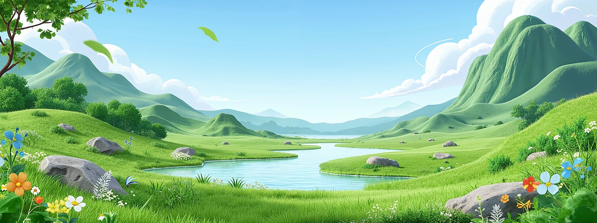 Serene natural scene with green meadow, small rocks and shrubs, peaceful river reflecting the sky, colorful flowers scattered across the grass, clear and sunny weather