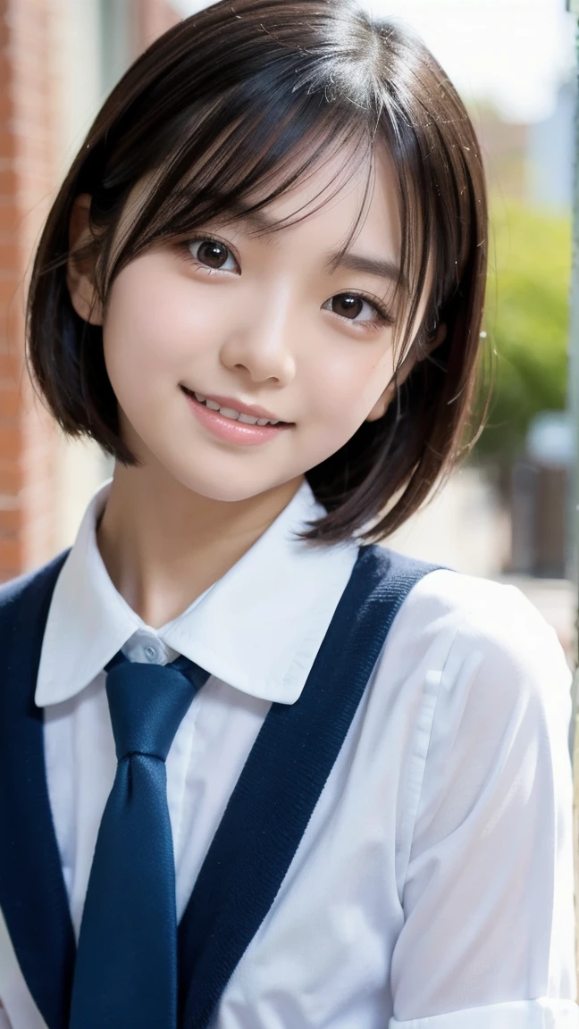 Best-quality, Masterpiece, Ultra-High-Resolution, (Photorealistic:1.4), Raw-Photo, 1girl, 12-years-old, the most famous Japanese idol, wearing only Japanese high-school uniform with cute design, face-focus, hands on head, extremely cute face like a most popular Japanese idol, extremely beautiful big-black-eyes, extremely beautiful black-short-cut-haired, extremely beautiful long-eyelashes, extremely beautiful lips, extremely beautiful skins, innocent-smile, detailed Japanese-high-school-uniform-with-cute-design