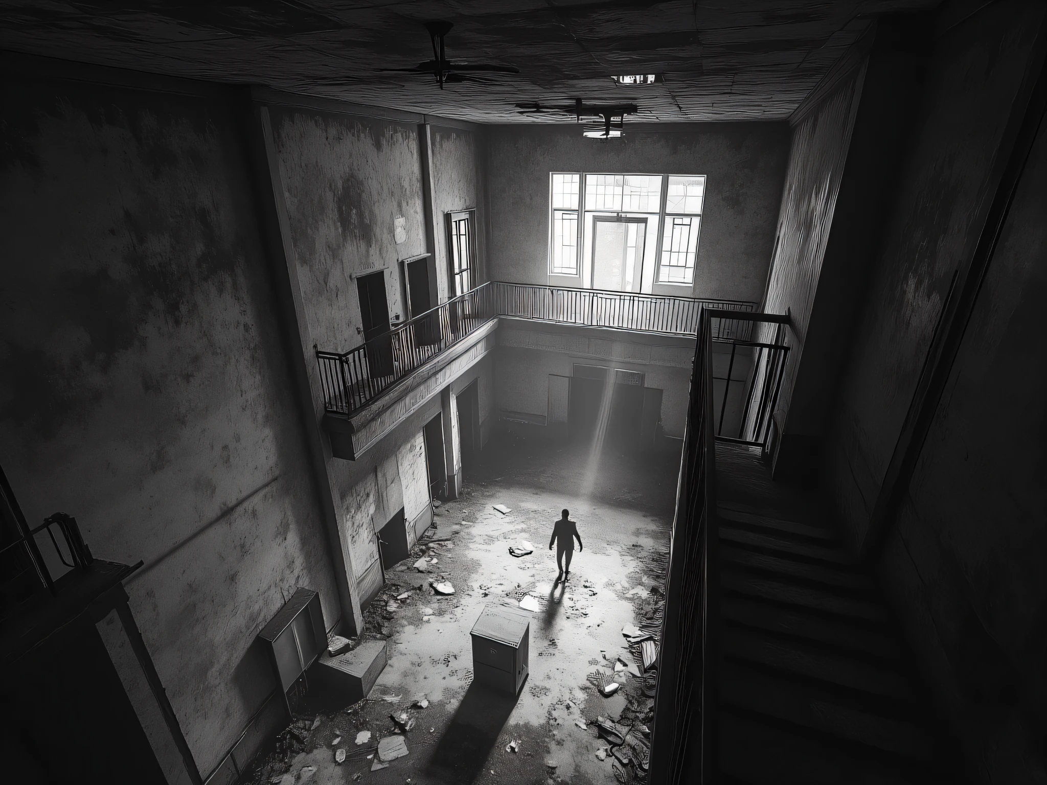 interior hall of an abandoned and haunted hotel in monochrome and low quality cctv footage of a horror scenario