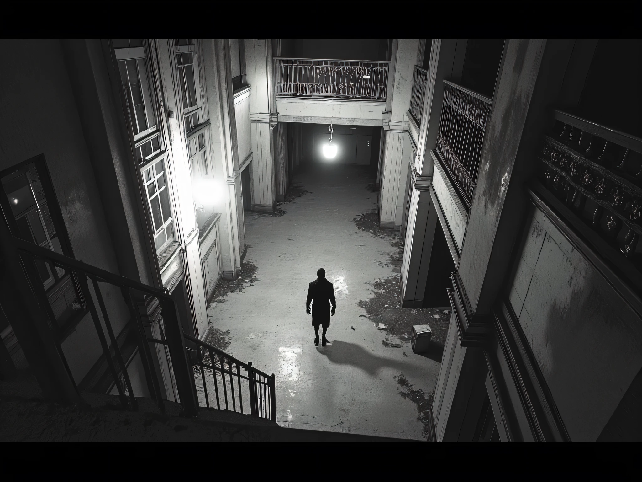 interior hall of an abandoned and haunted hotel in monochrome and low quality cctv footage of a horror scenario