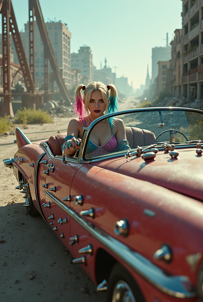 xuer dieselpunk,1girl,tattoo,blonde hair,solo,ground vehicle,blurry,headphones,car,looking at viewer,ponytail,gloves,from side,blurry background,outdoors,water,hoodie,wet,cyberpunk,blue eyes,standing,
<lora:~Q?-glgQK xuer dieselpunk:0.8>,