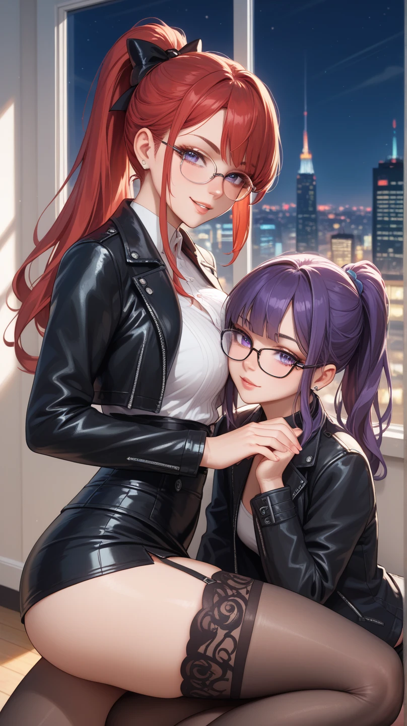 girl with brown hair, Brown eyes, with glasses, with freckles and chubby cheeks, with a lot of bust, with provocative clothing in purple or black, almost naked, with gamer background