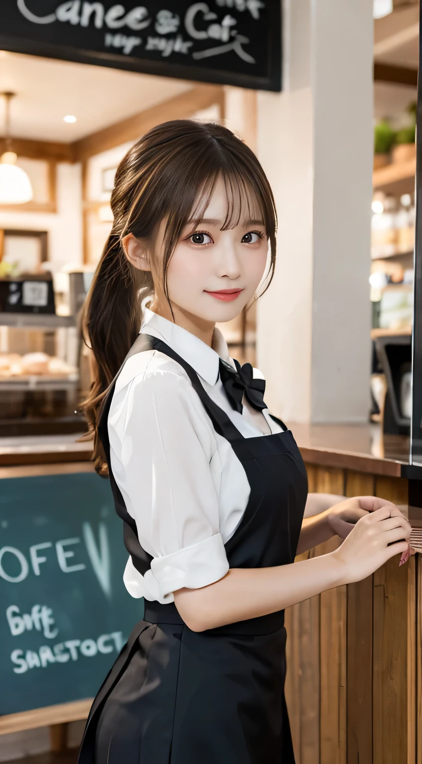 20 years old girl (Japanese cute face) is wearing mini skirt and white apron and working at the cafe with sunflowers