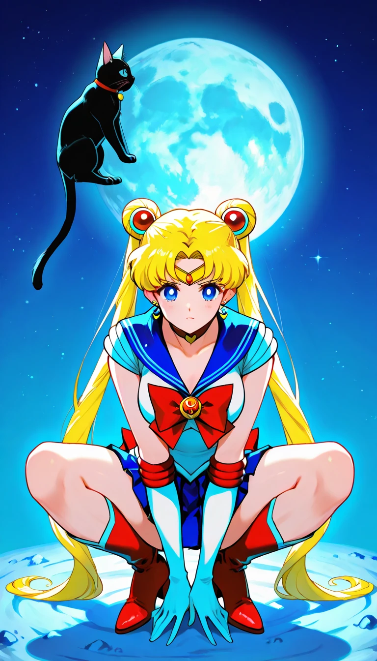 sailor moon ,  long blonde hair , piercing blue eyes, squatting, front view, perreo, full body, blue miniskirt, Red boots, , , voluptuous body,  on the Moon, gato grande negro , black cat in the legs,
