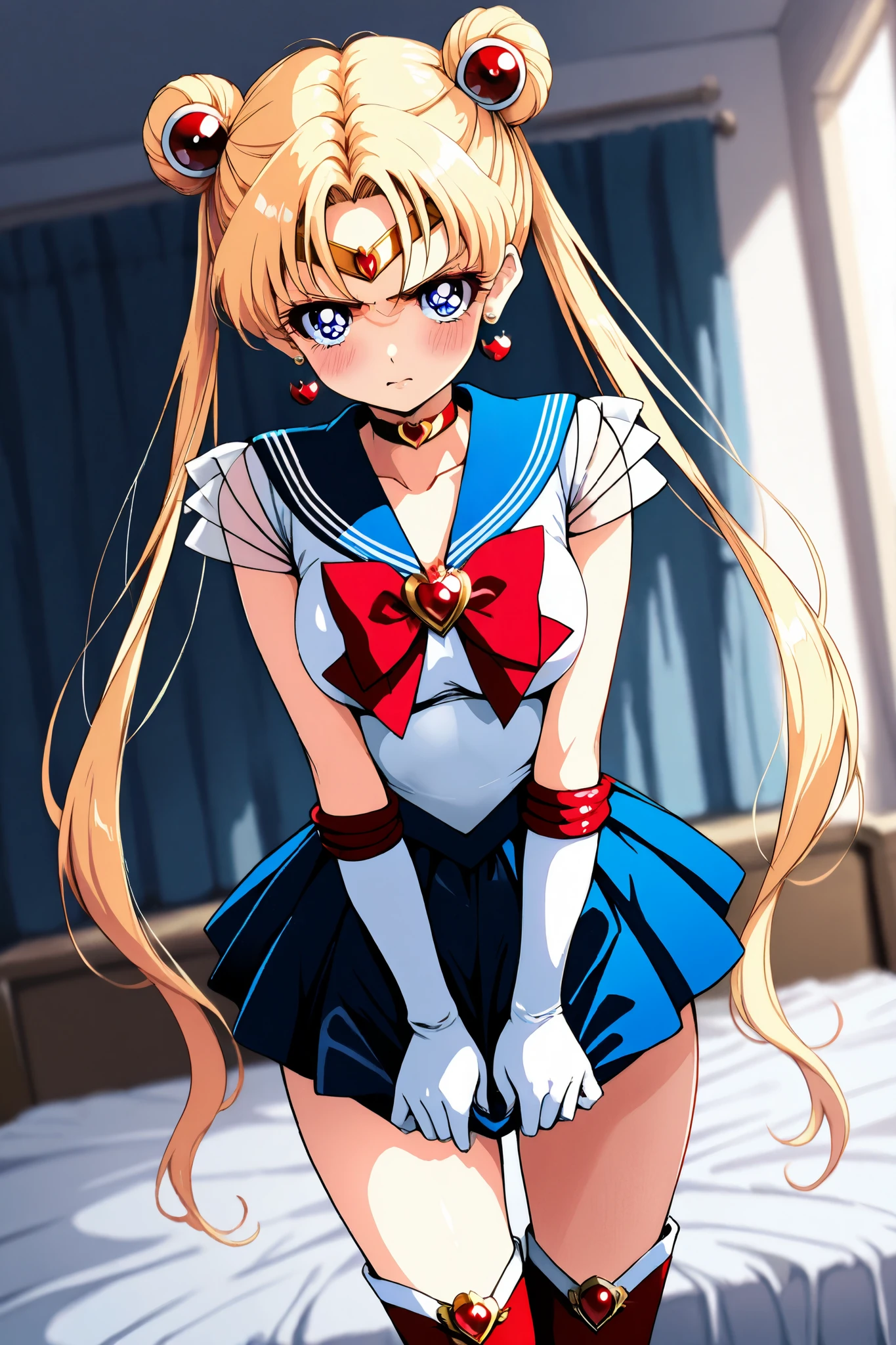reia_kosu,1 female,solo,pretty,
supersailormoon,
double bun,blonde hair,twintails,
hair between the eyes,
blue eyes,big eyes,drooping eyes,
long eyelashes,sleepy eyes,
spreading panty with hands,unwearing panty,
dirty panty,
very angry,blush,incontinence,contempt,
discomfort,
midium breast,nipple,looking at viewer,
very embarrassed,
circlet,earrings,choker,bow,gloves,
sailor suits,elbows extended,
navy blue miniskirt,
red thigh-high boots(1.3),
beautiful legs,thin thighs,thin calves,
nallow waist,
perfect face,beautiful skin,
anatomically correct,
beautiful legs,thin thighs,thin calves,
nallow waist,dutch angle,cowboy shot,
perfect face,beautiful skin,
anatomically correct,
anime,masterpiece,highest quality,high resolution,
high definition,ultra-detailed,
blurred background,
indoors,on bed,bed room