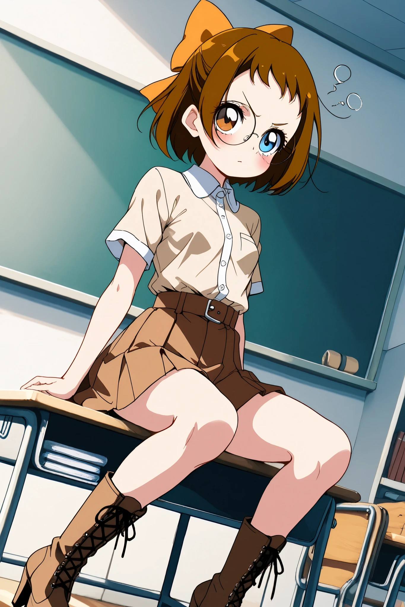 reia_kosu,1 female,solo,
haduki_fujiwara,
brown eyes,round glasses,brown hair,hair bow,
short hair,ponytail,
blue eyes,big eyes,slant eyes,long eyelashes,
sleepy eyes,
pretty,small breast,looking at viewer,
dutch angle,
spreading panty with hands,unwearing panty,
dirty panty,
very angry,blush,incontinence,contempt,
discomfort,
short sleeves,skirt,beige shirt,
lace up boots,thigh-high boots,high heels,
beautiful legs,thin thighs,thin calves,
nallow waist,
perfect face,beautiful skin,
anatomically correct,
masterpiece,highest quality,
high resolution,high definition,
ultra-detailed,anime,
indoors,class room,school desk,school chair,black board
