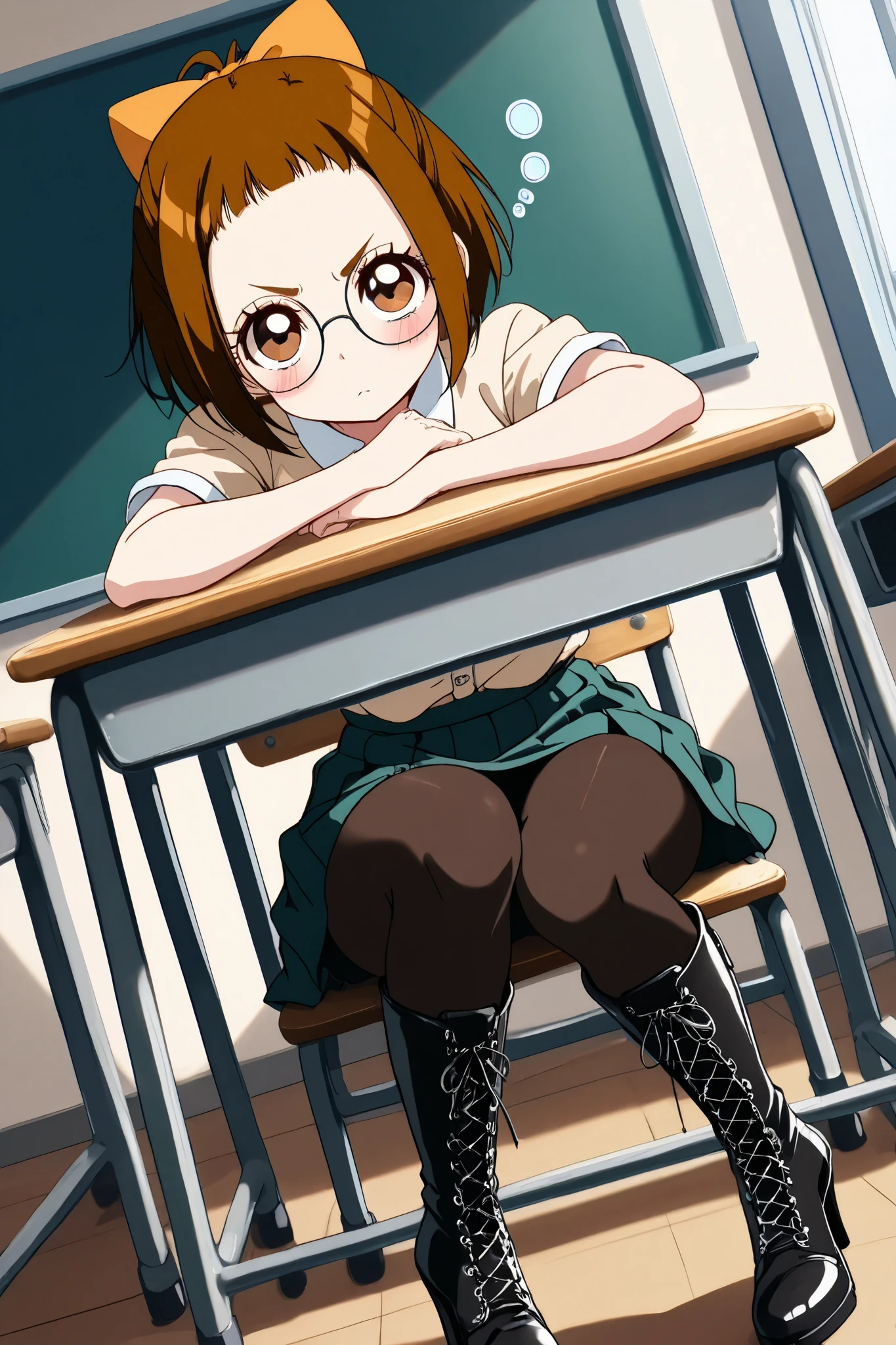 reia_kosu,1 female,solo,
haduki_fujiwara,
brown eyes,round glasses,brown hair,hair bow,
short hair,ponytail,
blue eyes,big eyes,slant eyes,long eyelashes,
sleepy eyes,
pretty,small breast,looking at viewer,
dutch angle,

spreading panty with hands,unwearing panty,
dirty panty,
very angry,blush,incontinence,contempt,
discomfort,

short sleeves,skirt,beige shirt,
lace up boots,thigh-high boots,high heels,

beautiful legs,thin thighs,thin calves,
nallow waist,
perfect face,beautiful skin,
anatomically correct,

masterpiece,highest quality,
high resolution,high definition,
ultra-detailed,anime,
indoors,class room,school desk,school chair,black board
