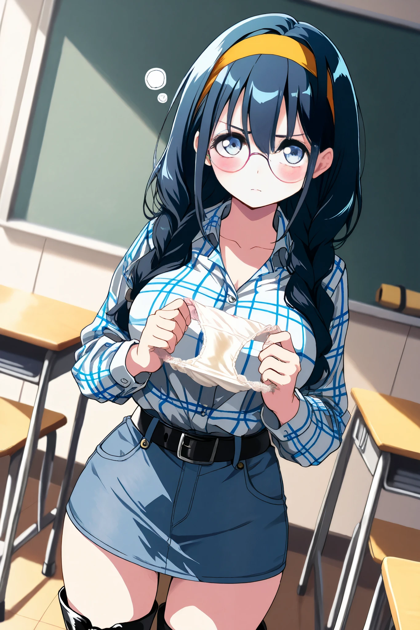 reia_kosu,1 female,solo,
saori_makishima,
black hair,low twin tail,blue hair,long hair,half up,hair between the eyes,blue eyes,big eyes,slant eyes,long eyelashes,sleepy eyes,
contempt,blurred background,
pretty,large breast,looking at viewer,
dutch angle,cowboy shot,
spreading panty with hands,
unwearing panty,dirty panty,
very angry,blush,incontinence,contempt,
discomfort,
shirts,round glasses,belt,pants,headband,
denim miniskirt,jeansminiskirt,plaid shirt,
bare thighs,
white lace-up boots,thigh_high boots,high heels,
beautiful legs,thin thighs,thin calves,
nallow waist,
perfect face,beautiful skin,
anatomically correct,
masterpiece,highest quality,
high resolution,high definition,
ultra-detailed,anime,
indoors,class room,school desk,school chair,
black board