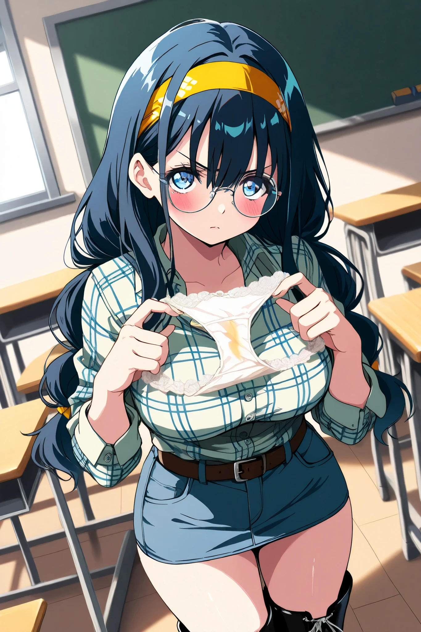 reia_kosu,1 female,solo,
saori_makishima,
black hair,low twin tail,blue hair,long hair,half up,hair between the eyes,blue eyes,big eyes,slant eyes,long eyelashes,sleepy eyes,
contempt,blurred background,
pretty,large breast,looking at viewer,
dutch angle,cowboy shot,
spreading panty with hands,
unwearing panty,dirty panty,
very angry,blush,incontinence,contempt,
discomfort,
shirts,round glasses,belt,pants,headband,
denim miniskirt,jeansminiskirt,plaid shirt,
bare thighs,
white lace-up boots,thigh_high boots,high heels,
beautiful legs,thin thighs,thin calves,
nallow waist,
perfect face,beautiful skin,
anatomically correct,
masterpiece,highest quality,
high resolution,high definition,
ultra-detailed,anime,
indoors,class room,school desk,school chair,
black board