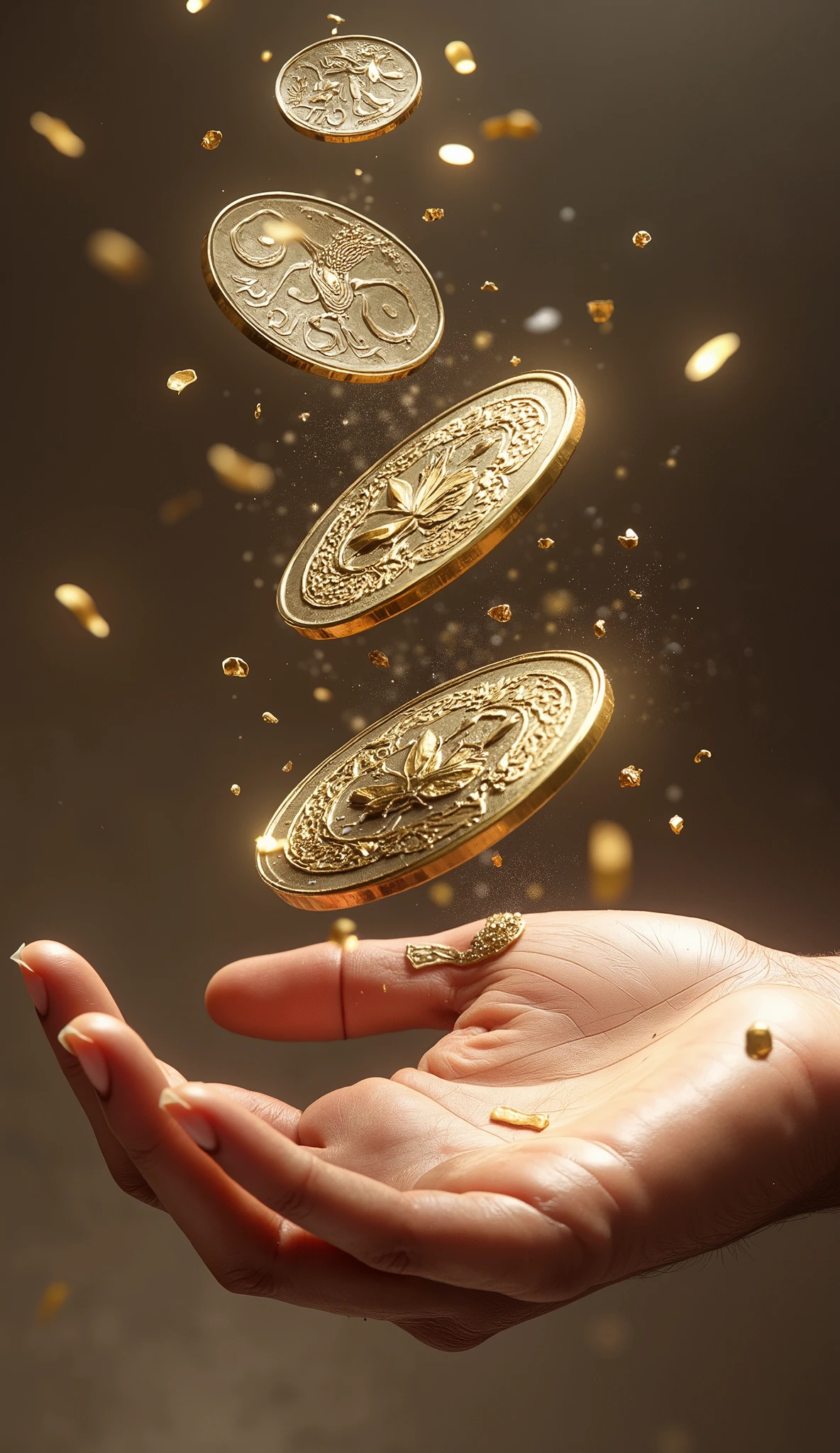 An old coin beats flexibly between the fingers,It's like dancing,stunt,beautifully realistic high-definition digital painting, realistic style ,Focus on close-up,natural light,reflection,Smooth movement ,Extreme Details,4K High Resolution,Scaled processing,professional-grade rendering, are brightly colored, high contrast ,Metallic tones 