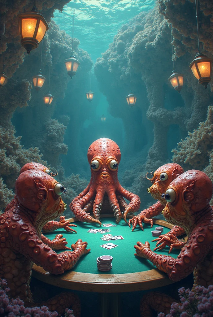 (((A high-stakes poker game in a bioluminescent deep-sea cavern))). Octopi, anglerfish, and jellyfish huddle around a coral table, tentacles clutching cards. Hyper-realistic details capture every scale and tentacle sucker. Soft blue light illuminates determined eyes, while bubbles rise dramatically, heightening the underwater atmosphere.