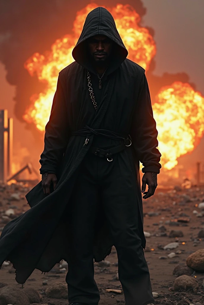 A full body shot black man shaman with white glowing eyes, dressed in black hooded clothes, holding a wooden walking stick, standing in an empty area fully covered with yellow smoke, yellow smoke all over the scene, soft white light piercing the scene providing a yellow and grey cinematic look scene, a moody atmosphere light with fog in the scene, cinematic lighting, 32k, ultra HD, unreal engine rendered, hyper-realistic image, artgerm style