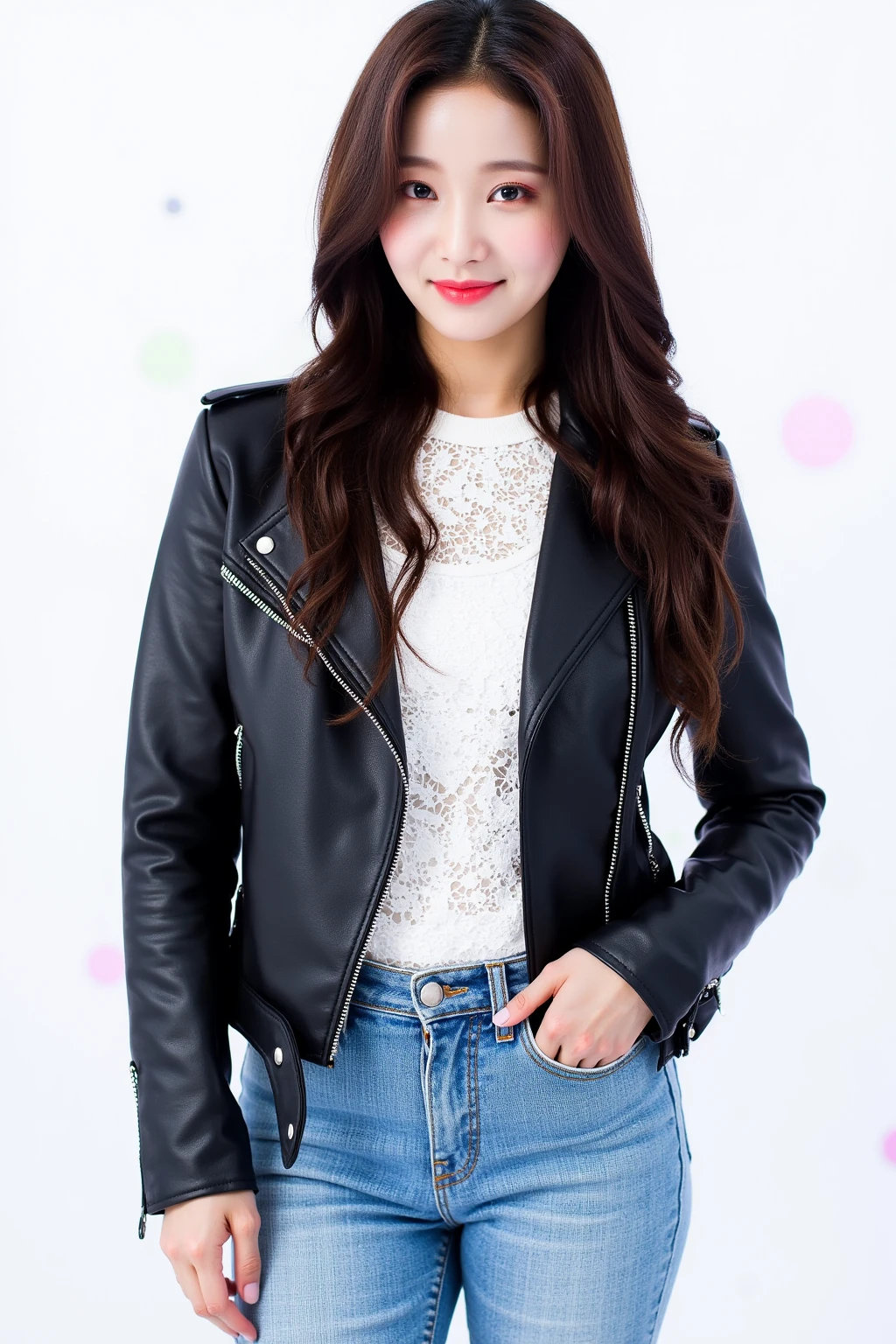 Masterpiece, Best Quality, 1girl, upper-body, Jiro, A detailed eye, pink shirt, black jacket, Torn clothes, concert, (stage)