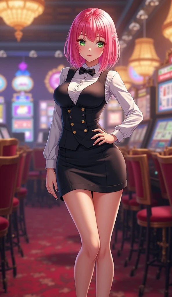 masterpiece, high quality, highres, intricate details, cinematic lighting,
Ingrid, 1girl, solo, mature female, dark-skinned female, standing, leaning on table, cowboy shot,
smile, looking at viewer, 
pink hair, long hair, hair intakes, makeup, (purple lips:0.9), lipstick, thick eyebrows, (mole under mouth:0.8), yellow eyes, glowing eyes,
curvy, large breasts, thighs,
vest, bowtie, miniskirt, (fishnet pantyhose:1.1), 
casino, roulette table
<lora:IngridV3:1>