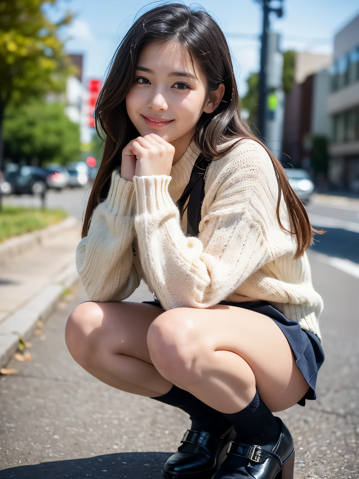 Photos taken by a professional photographer，Laughter:1.5，Close-up of a woman squatting on the sidewalk, Wear a sweater, Brown Shortcut, My hair is messy，Young and pretty girl, Wearing a super super super super super super mini skirt:1.5，Wear stylish boots，sitting on a park bench:1.5，Flashy makeup using red eyeshadow，I can see your beautiful thighs，I see your white pants， 、((Sexy panties in full view:1.2))、((Spread your legs wide:1.2))