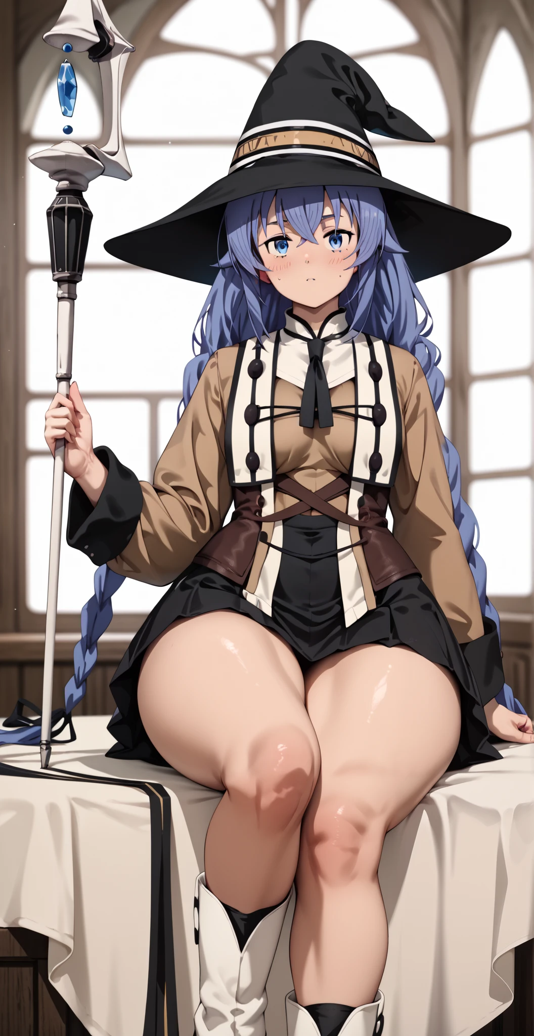 (masterpiece, Highest quality), One girl, roxy migurdia(Mushoku Tensei), One girl, alone, Small breasts, Long Hair, Blue Hair, Witch Hat, Magic Runs Out, Weakness, White panties, Black Ribbon, defenseless, Masturbation with a cane, camel toe