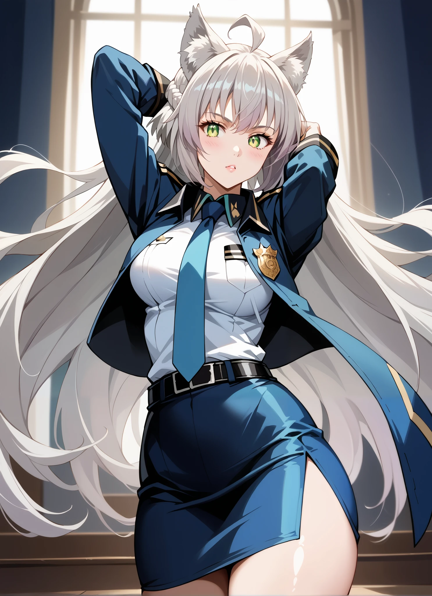 score_9, score_8_up, score_7_up, source_anime, 4K,perfect fingers,(perfect hands, perfect anatomy),prefect lighting, very aesthetic, intricate details,highly detailed background, masterpiece, high quality, best quality,
1girl,((solo)) ,atalanta, green eyes, slit pupils, grey hair, long hair, ahoge, animal ears, cat ears, , Large breasts,,
wearing ((police uniform,jacket,pencil skirt, blue necktie )),,
ballroom, full bodyesbian,Standing on the floor,Slim,long leges,Stand up straight,(complete standing pose:1.2), Slim,extra long leg,