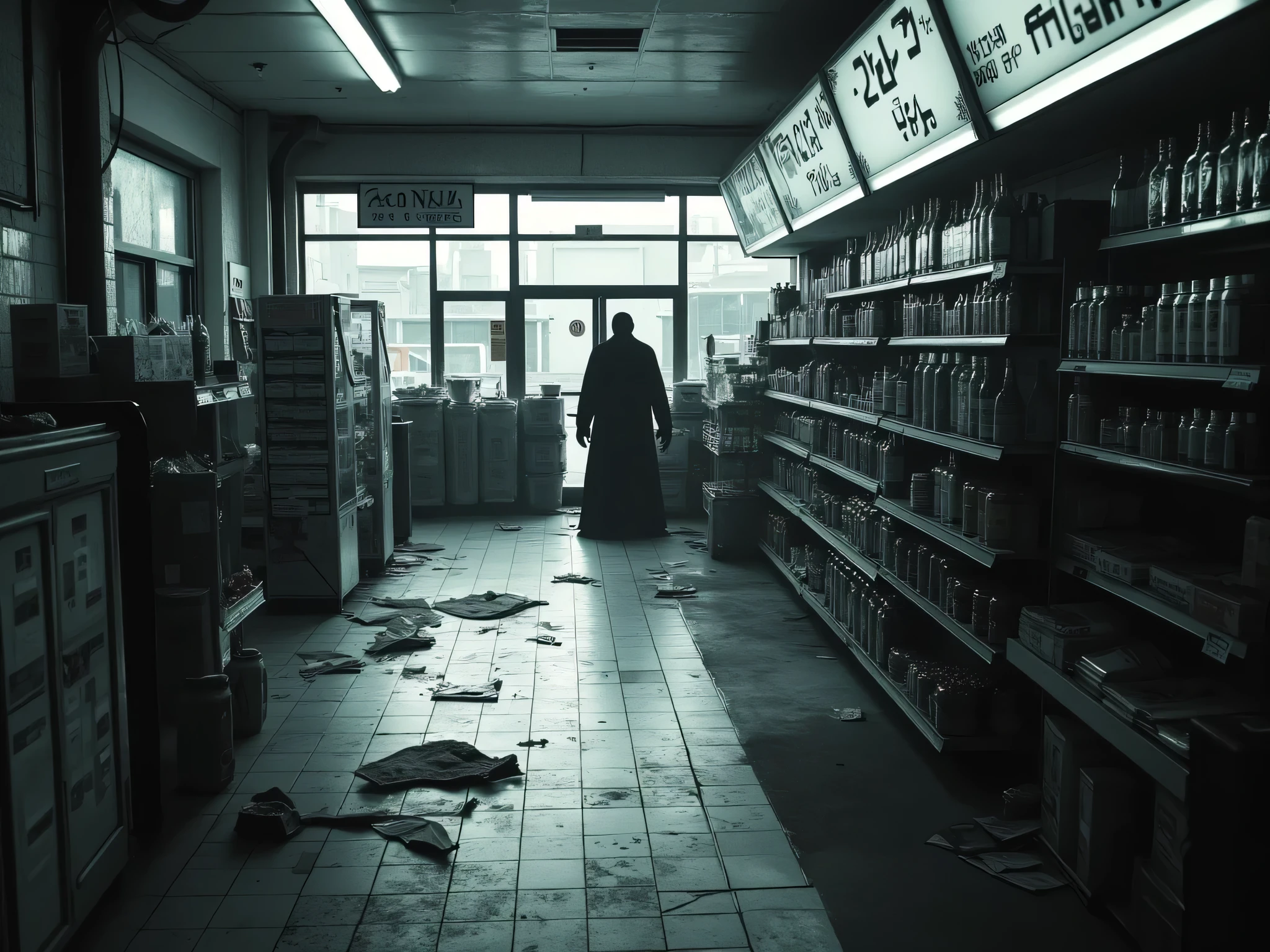interior of an abandoned convenience store in monochrome and low quality cctv footage of a horror scenario