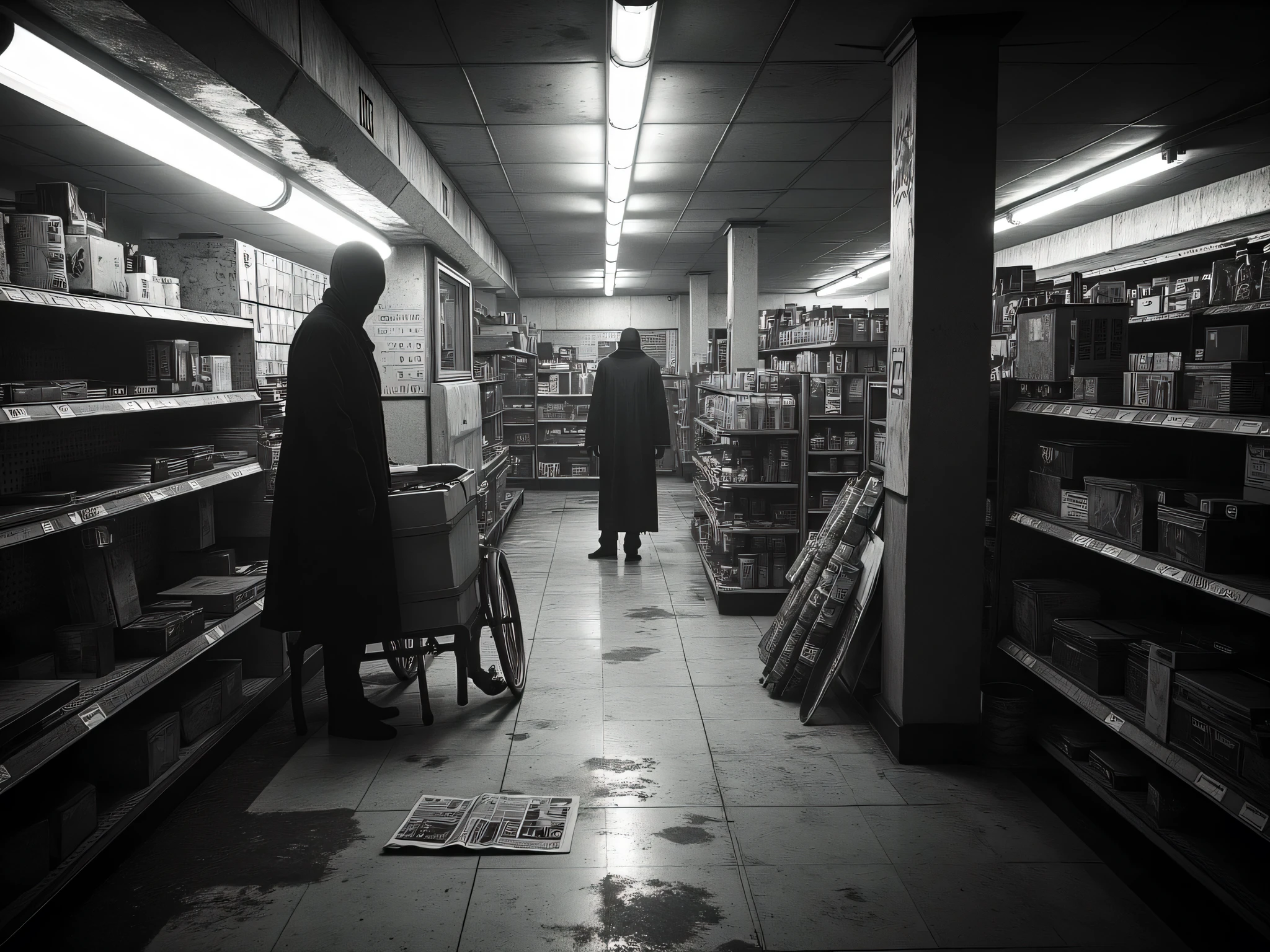 interior of an abandoned convenience store in monochrome and low quality cctv footage of a horror scenario