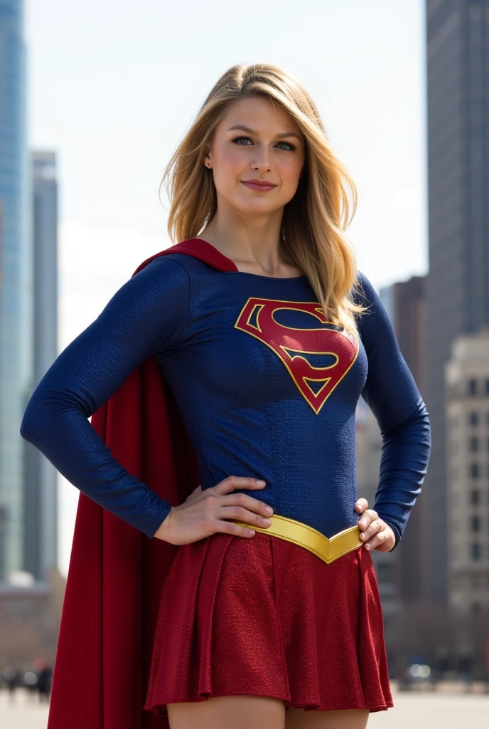 Sexy supergirl, softly smiling, standing in Central Park