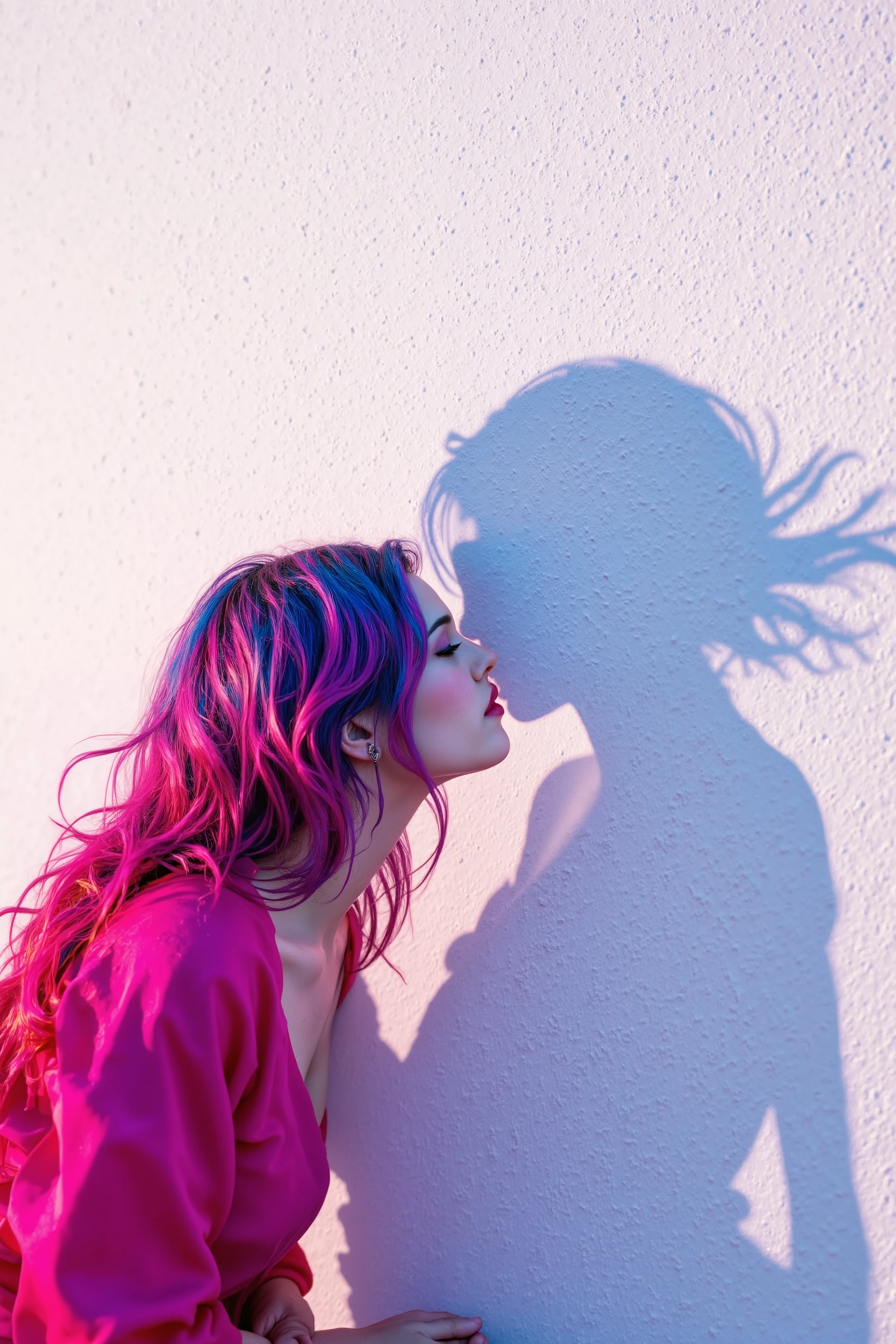 A hyper-realistic depiction of a very pretty woman kissing a human-shaped shadow cast on a simple, clean white wall. The woman has flowing, brightly colored hair—vivid shades like pink, blue, or purple—and wears a striking, bright-colored outfit that contrasts against the stark background. The shadow is a true, translucent shadow, seamlessly blending into the wall’s surface, with soft gradients at the edges and natural light diffusion. While deep black at its core, the shadow fades subtly toward its edges, maintaining the delicate balance between presence and absence. It stretches toward the woman, responding to the kiss, while still adhering to the behavior of real shadows, influenced by the light source. The minimalist white wall enhances the contrast between the vibrant woman and the ethereal shadow. Soft, ambient lighting creates a gentle glow around the woman, while the shadow remains naturally cast and integrated into the scene. The perspective is ground-level, worm's-eye, emphasizing the surreal intimacy of the moment. Created Using: hyper-realistic detailing, vibrant color contrasts, natural shadow rendering, minimalist background, surrealist art principles, dynamic light contrasts, soft focus edges, and impressionistic light play, hd quality, natural look.