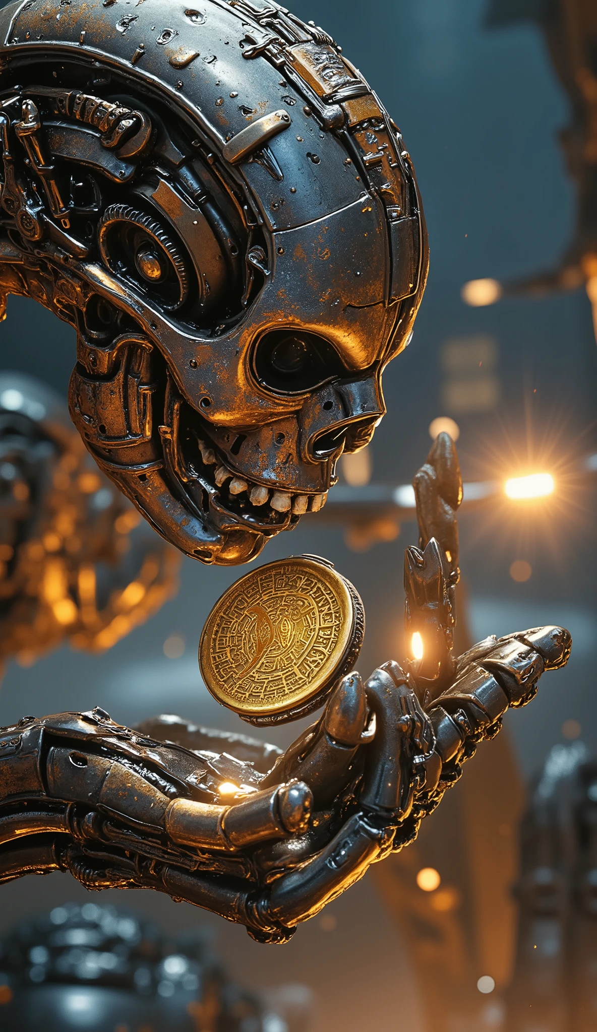 HD Digital Painting,Science Fiction，,Focus on close-up,Natural Light,reflection,Smooth movement ,Extreme Details,4K High Resolution,Scaled processing,professional-grade rendering, are brightly colored, high contrast ,Metallic tones ,An old coin beats flexibly between the fingers,Mecha Skeleton,stunt,Realistic and Exquisite