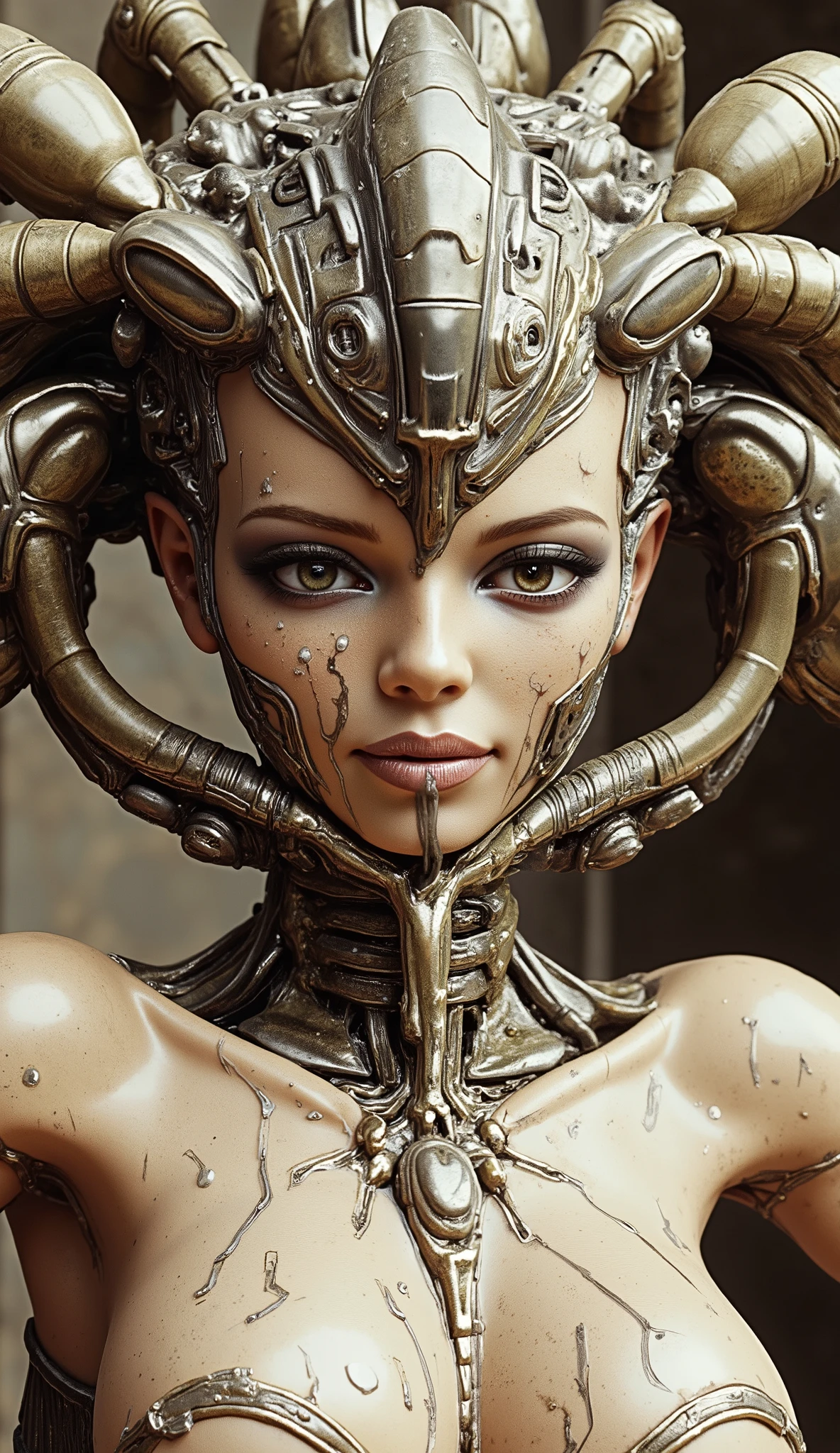 An old coin that pulls flexibly between fingers, a mecha skeleton,,stunt,beautiful and realistic high-definition digital painting, realistic style ,Focus on close-up,natural light,reflection,Smooth movement ,Extreme Details,4K High Resolution,Scaled processing,Professional-grade rendering, are brightly colored, high contrast ,Metallic tones