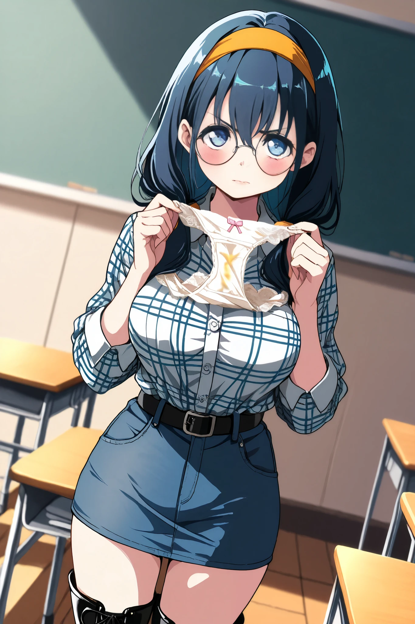 reia_kosu,1 female,solo,
saori_makishima,
black hair,low twin tail,blue hair,long hair,half up,hair between the eyes,blue eyes,big eyes,slant eyes,long eyelashes,sleepy eyes,
contempt,blurred background,
pretty,large breast,looking at viewer,
dutch angle,cowboy shot,
spreading panty with hands,
unwearing panty,dirty panty,
very angry,blush,incontinence,contempt,
discomfort,
shirts,round glasses,belt,pants,headband,
denim miniskirt,jeansminiskirt,plaid shirt,
bare thighs,
white lace-up boots,thigh_high boots,high heels,
beautiful legs,thin thighs,thin calves,
nallow waist,
perfect face,beautiful skin,
anatomically correct,
masterpiece,highest quality,
high resolution,high definition,
ultra-detailed,anime,
indoors,class room,school desk,school chair,
black board